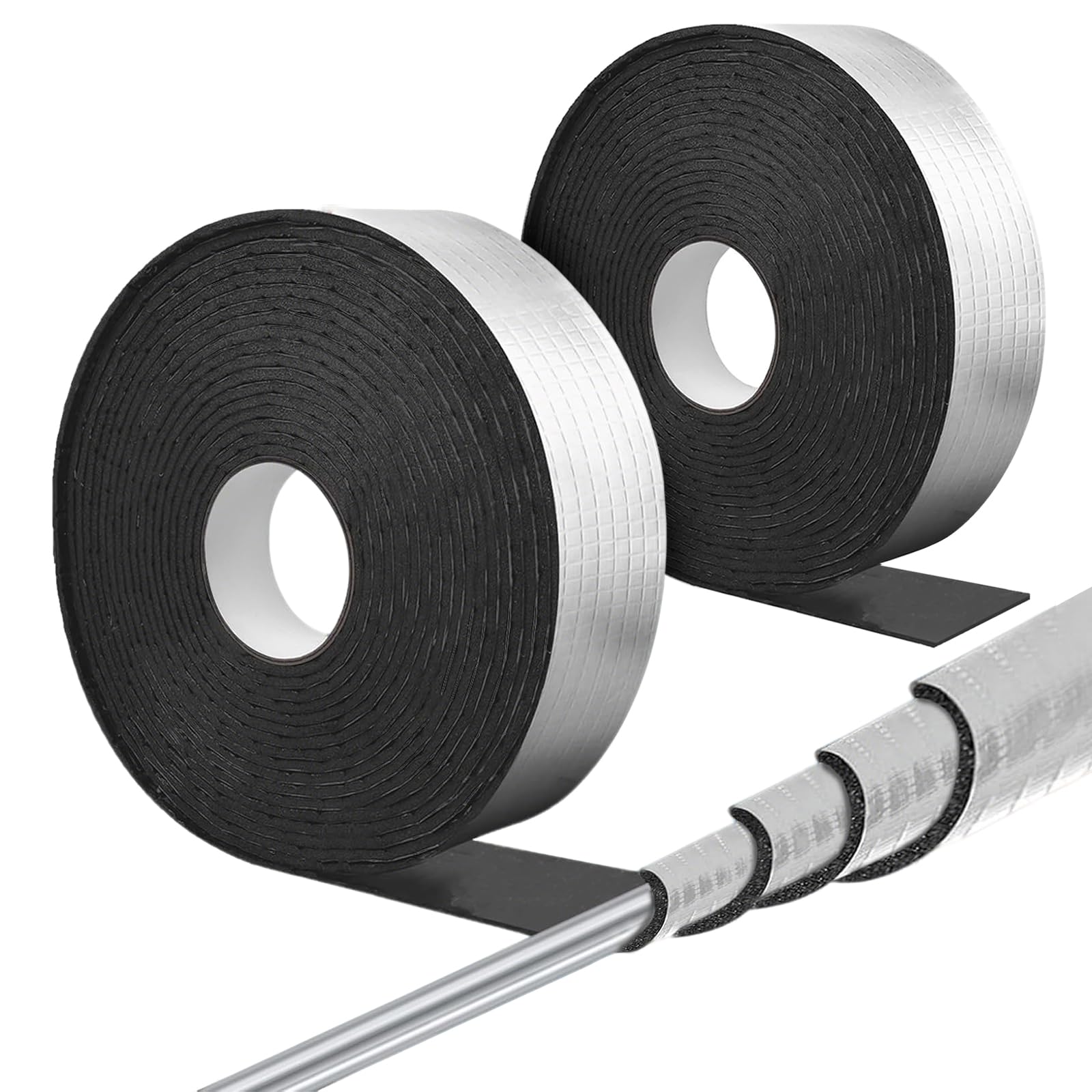 Lot de 2 rouleaux de film isolant autocollant pour tuyau d'extérieur, 20 m x 50 mm, kit d'isolation en mousse et feuille d'aluminium pour protection contre le gel en hiver, conservation de la