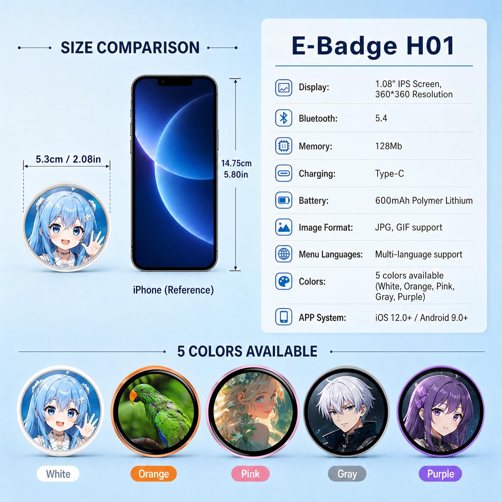 Badge-Vous pouvez alterner entre 15 images, GIF et vidéos-Accessoires électroniques d'anime Convient aux sacs périphériques-Adapté aux conventions de bandes dessinées Plusieurs couleurs de support