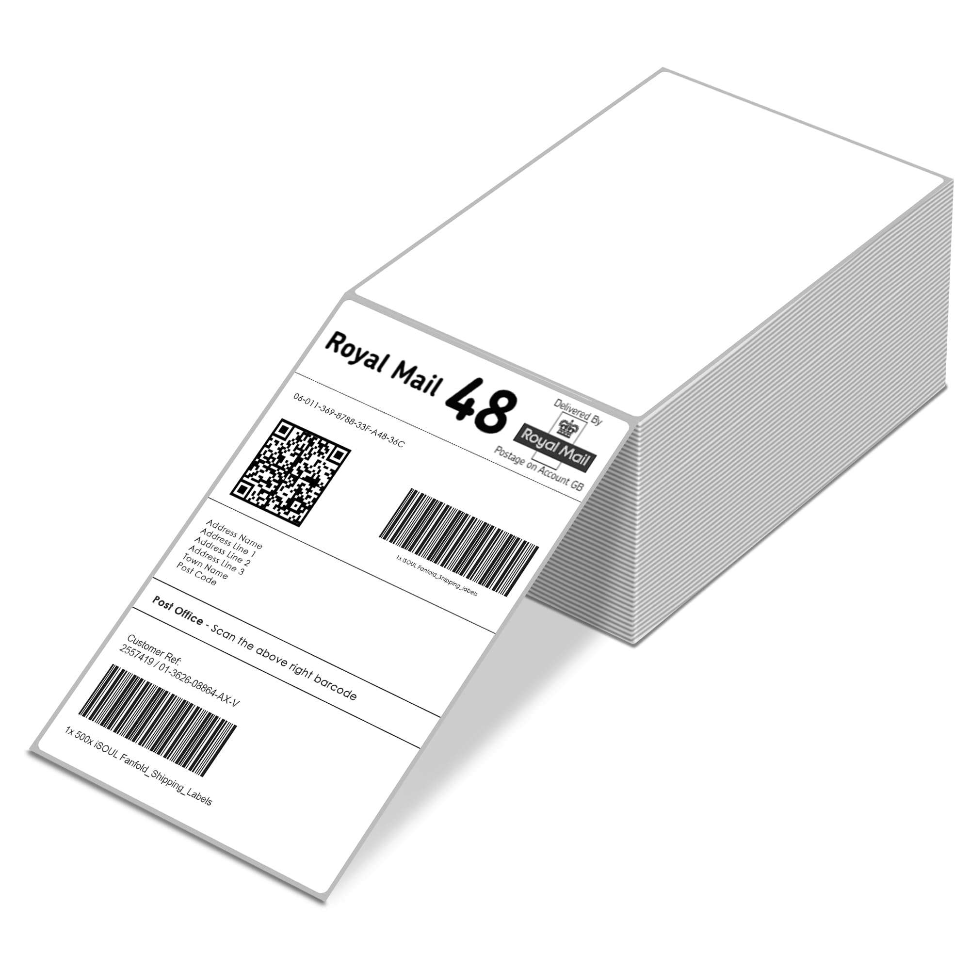 iSOUL Direct Thermal Printer 4X6 Labels 100mm x 150mm White Fanfold Permanent Adhesive Shipping Labels Compatible with Etsy, Shopify, Ebay, Amazon, Royal Mail, FedEx 500 Labels