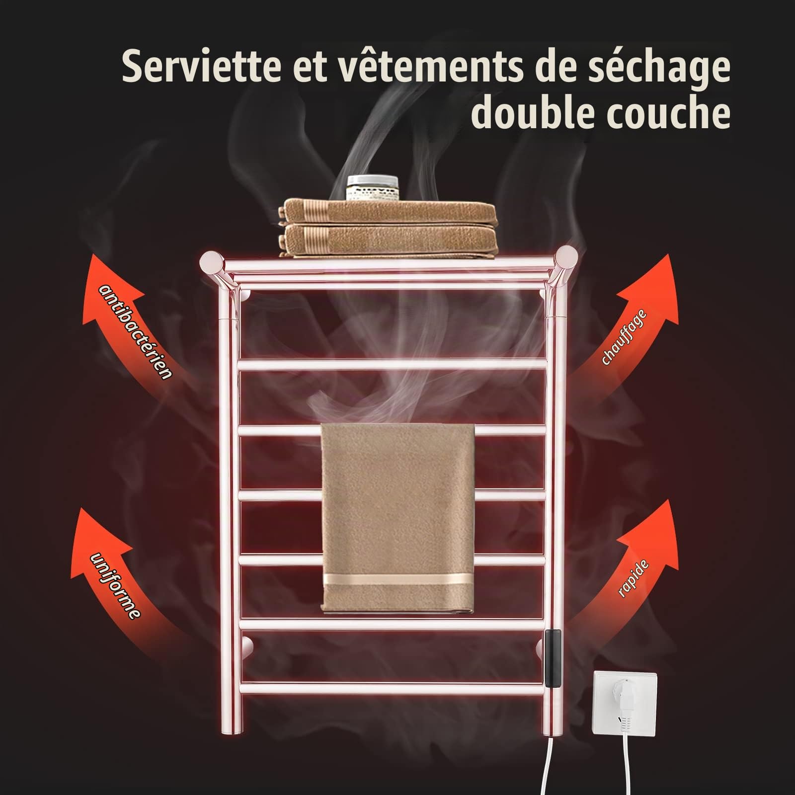 QL Sèche-Serviettes Électrique Chauffant 145W,Porte-Serviettes Mural,Chauffe-Serviettes avec Minuterie,Thermostat,Étagère 680x500mm Argenté