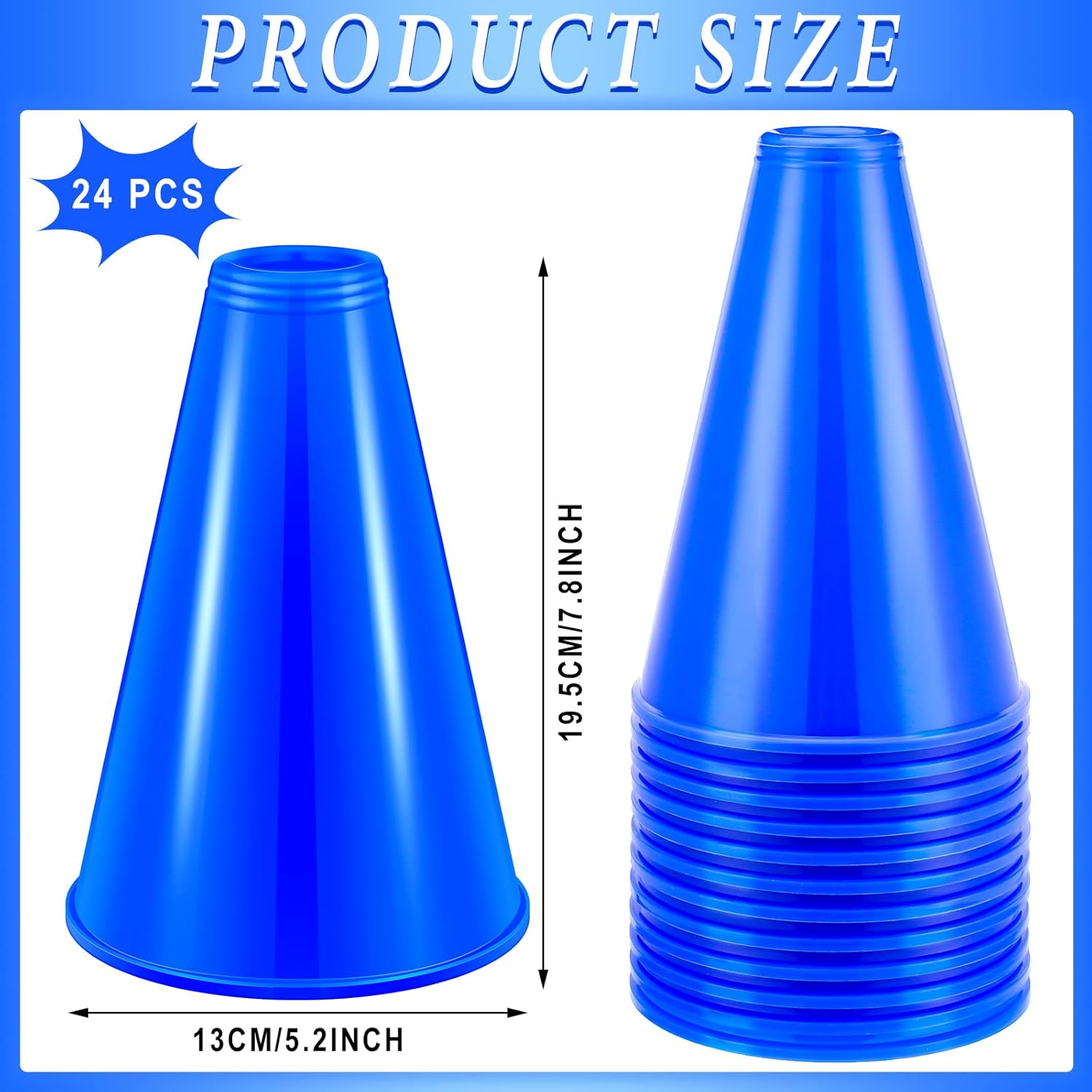 Woanger 24 Pieces Cheer Megaphone for Sports Cheers Party Noisemaker Plastic Megaphone for Sports Match Activities(Blue)