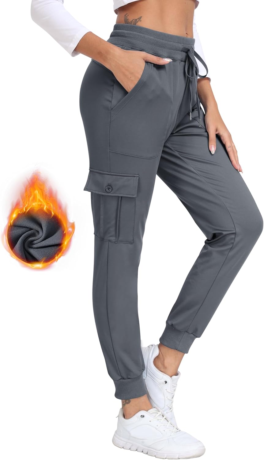 MoFiz Women's Fleece Cargo Joggers Hiking Pants High Waisted Thermal Outdoor Sweatpants for Women with Pockets