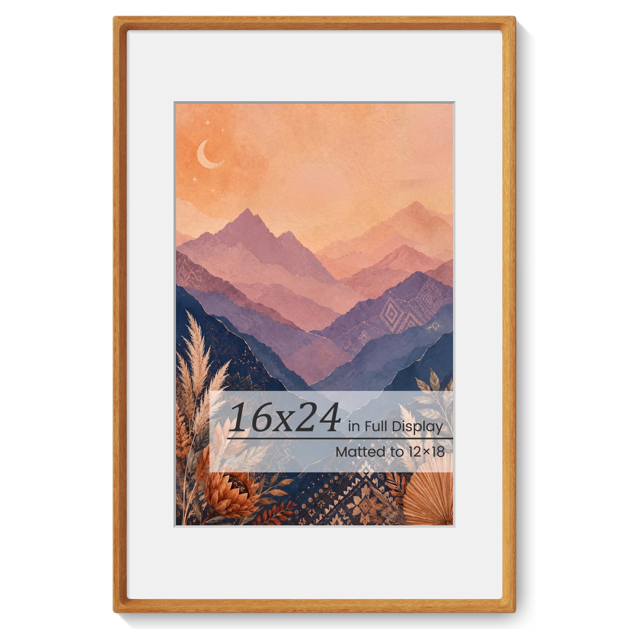 KovaScape Picture Frames, Solid Teak Wooden Frame,Round Corner Hand Craft Poster Frame, 16x24 Matted to 12x18, 16 by 24 Frame with HD Real Glass,Wall or Tabletop Display for Family Picture Artwork