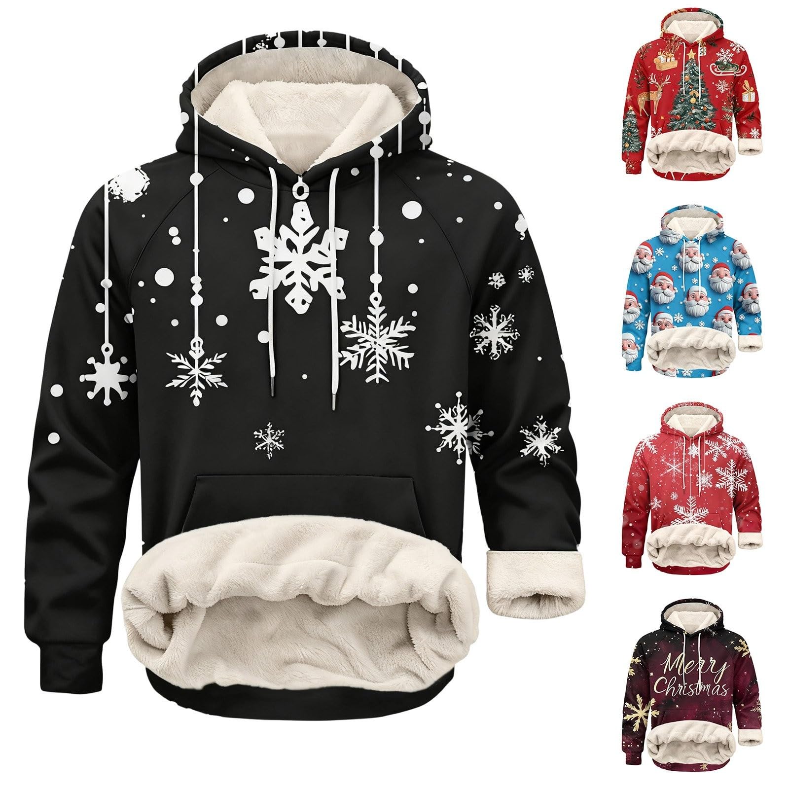 Sudadera con capucha de Navidad con forro polar para hombre, divertidas sudaderas de Papá Noel, con diseño de árbol de Navidad, trajes de Navidad, camisetas de manga larga, suéter cálido de sherpa