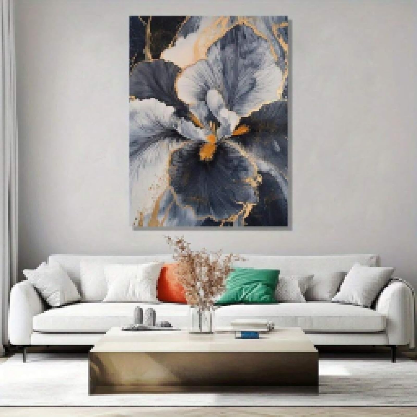 1 sztuka abstrakcyjny kwiatowy obraz na płótnie nowoczesna elegancka sztuka ze złotymi detalami i ciemnoniebieskimi tonami druk artystyczny do salonu biura 50 x 70 cm bez ramki