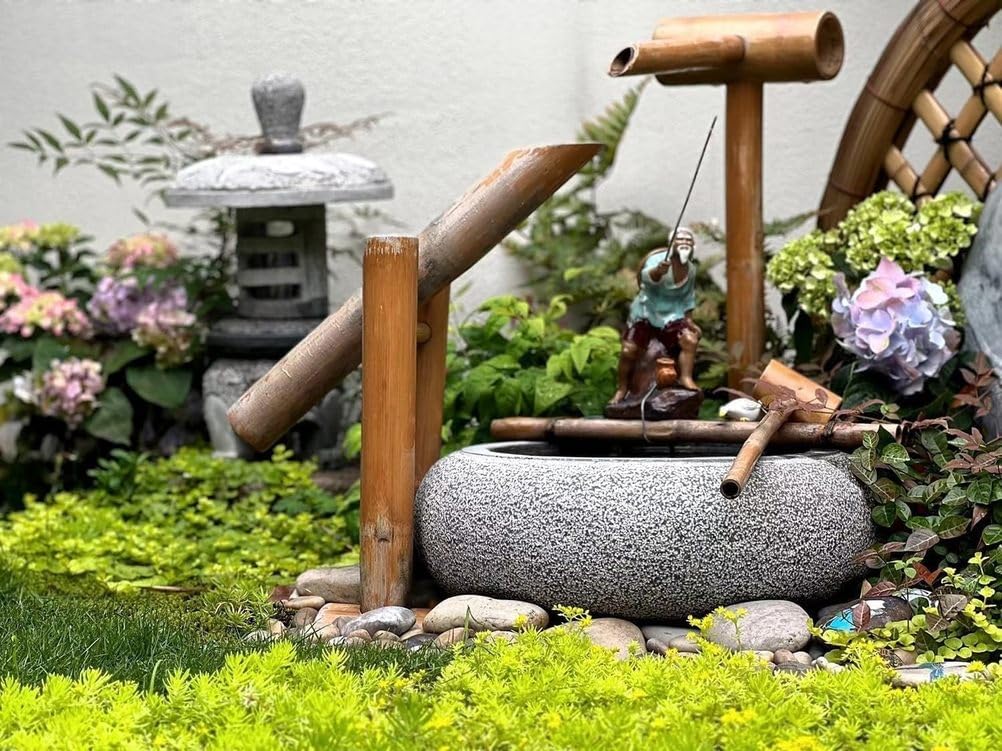 Fontana Solare Kit Fontana d'Acqua in bambù Kit Fontana in bambù Fontana d'Acqua e Pompa, Cascata Laghetto Giardino Giapponese Accenti in bambù per Esterni