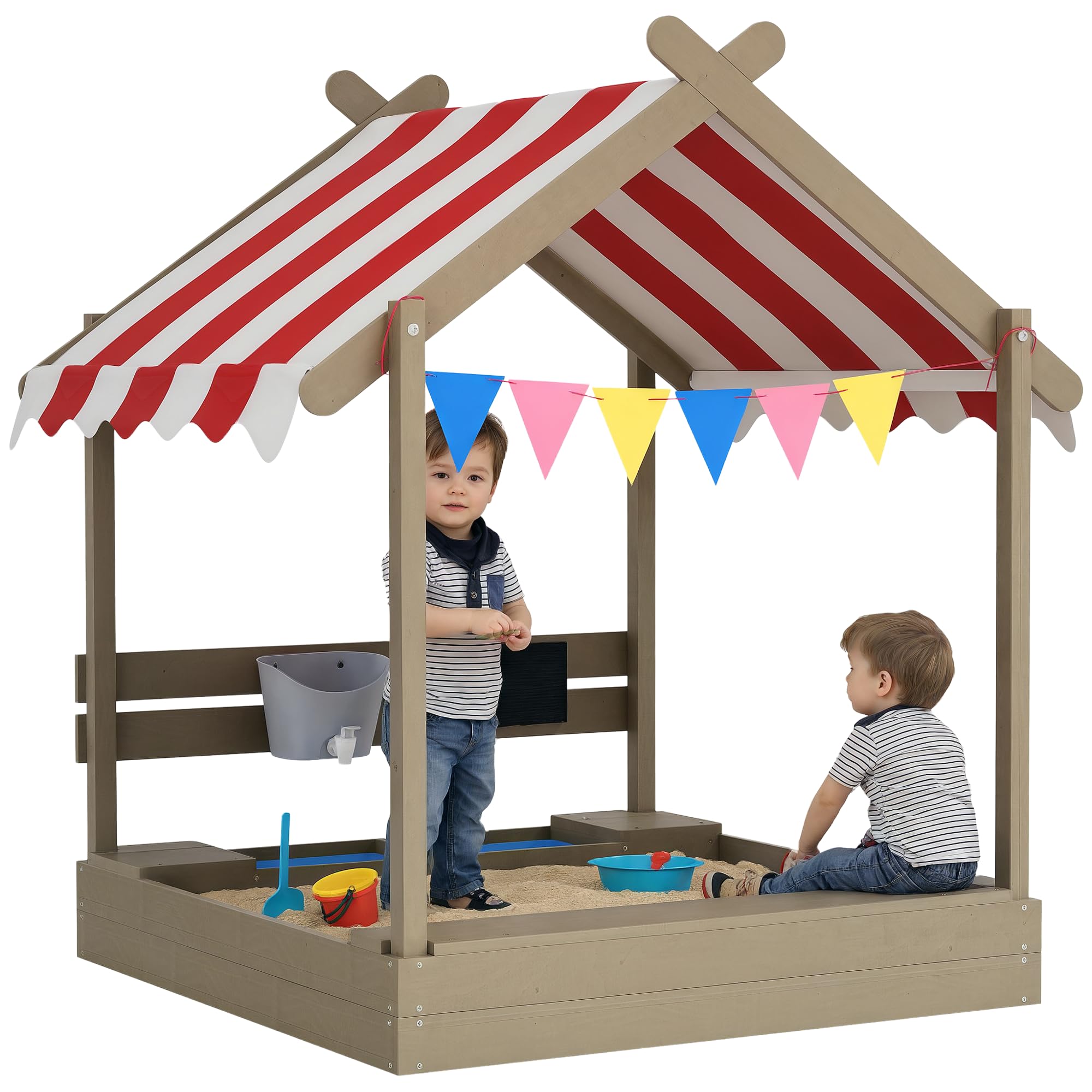 Outsunny Sand Pit Wooden Sandpit Kids Sandbox House for Outdoors, Gardens with Canopy, Liner, Blackboard, Sink, Seats, Flags, for Ages 3-7 Years - Grey