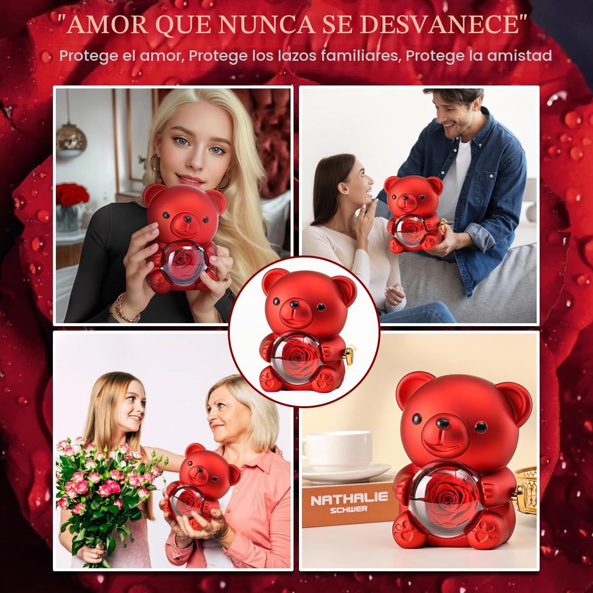 Oso con Rosa Eterna y Collar Te amo en 100 Idiomas, Caja de Regalo Romántica con Flor Preservada, Ideas de Regalo para Mujer, Mamá, Novia, Esposa en Navidad, San Valentín, Día de la Madre y Cumpleaños