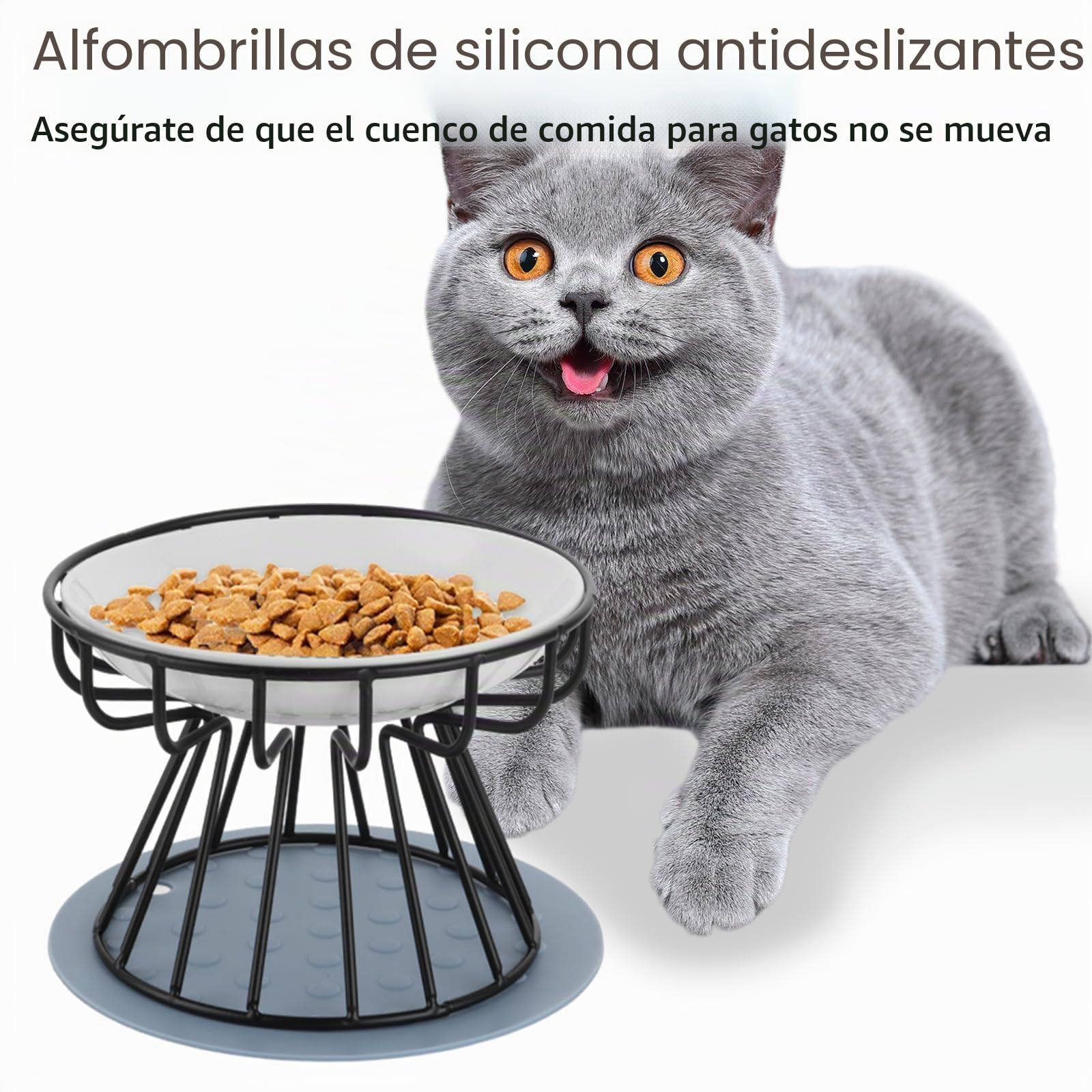 YAYODS Juego de 3 Cuencos de Cerámica Elevados para Gatos, Comedero Ergonómico Altura 10cm, Soporte Metálico y Alfombrilla de Silicona Antideslizante, Cuencos Anchos Antifatiga Aptos para Lavavajillas
