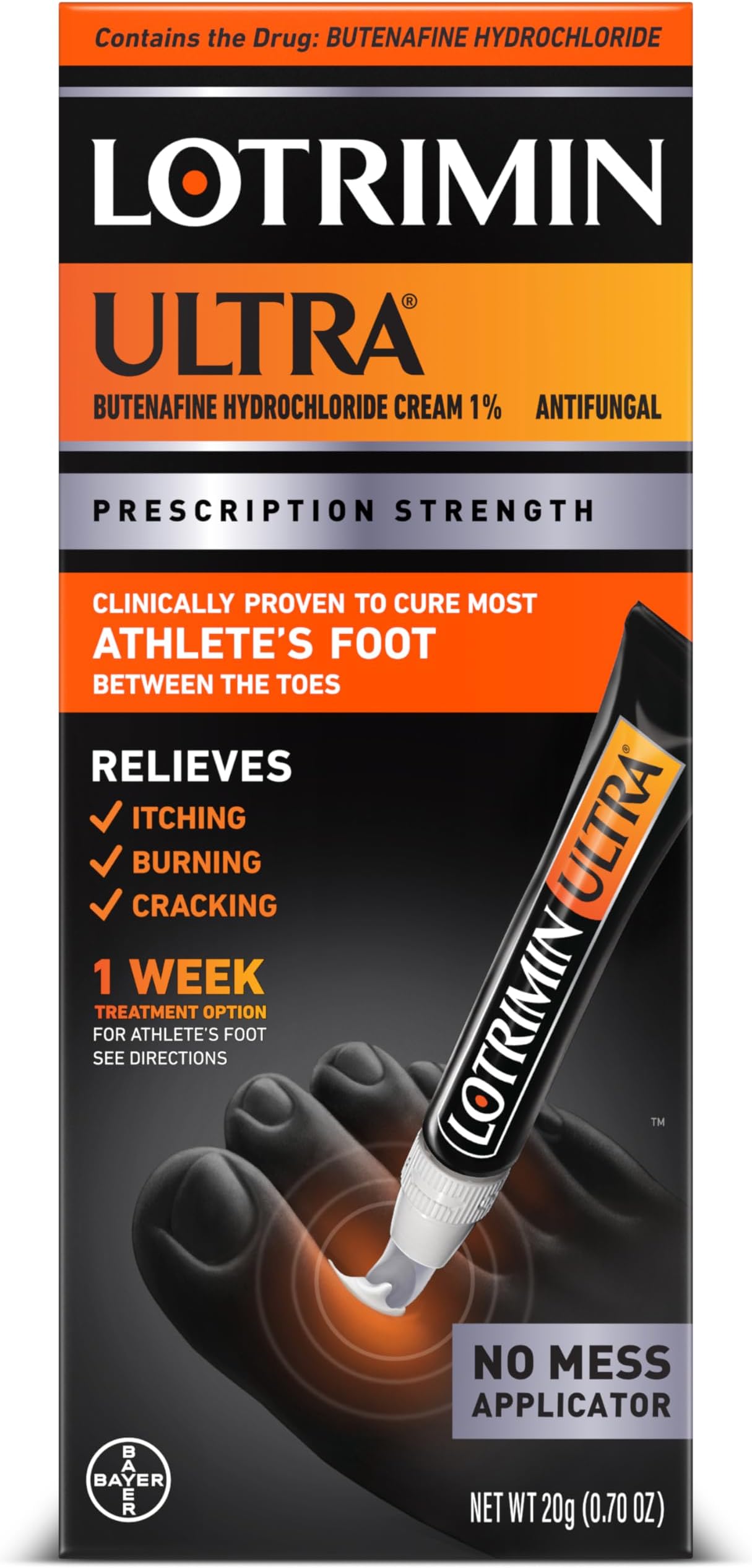 Lotrimin Ultra with No Touch Applicator,1 Week Athlete's Foot Treatment Cream. Prescription Strength Butenafine Hydrochloride 1%,Cures Most Athlete’s Foot Between Toes,Antifungal,0.7 oz (20 Grams)