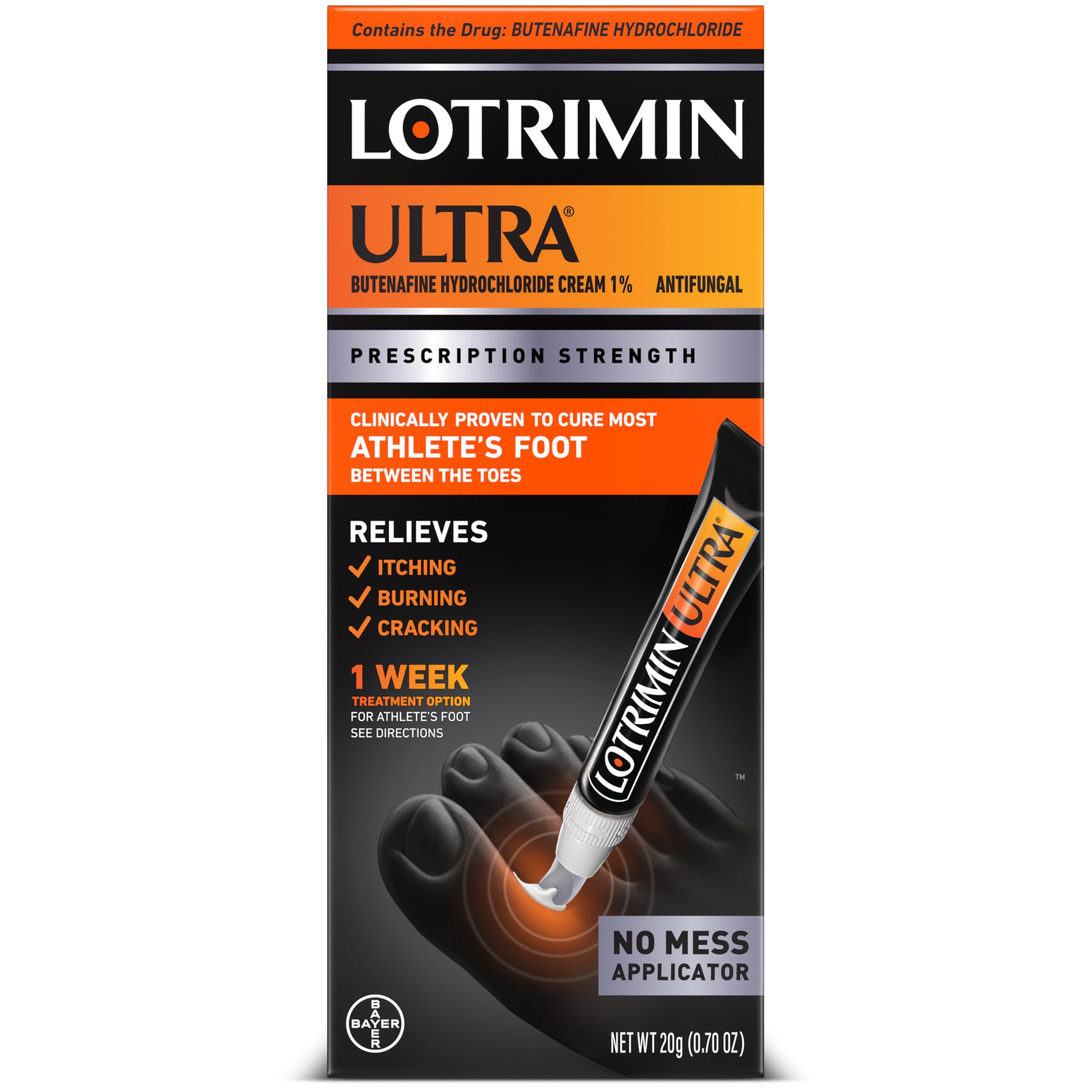 Ultra with No Touch Applicator,1 Week Athlete's Foot Treatment Cream. Prescription Strength Butenafine Hydrochloride 1%,Cures Most Athlete’s Foot Between Toes,Antifungal,0.7 oz (20 Grams)
