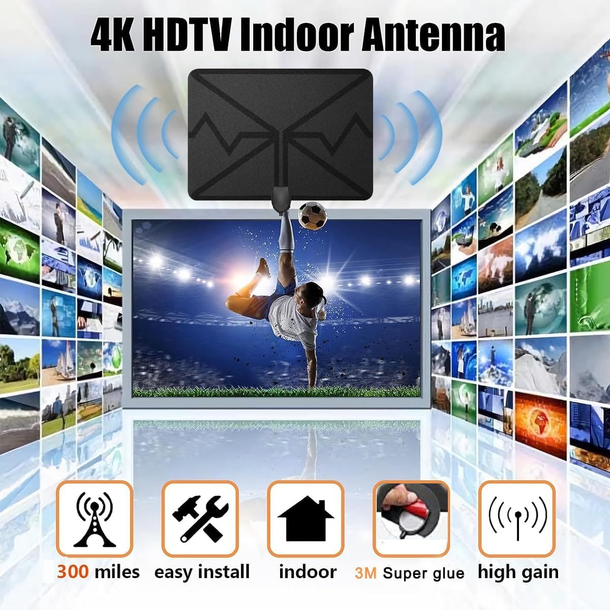 Antenna TV a lungo raggio, supporta la ricezione del segnale Smart TV 4K 1080p con amplificatore di segnale cavo coassiale HDTV da 4,9 m