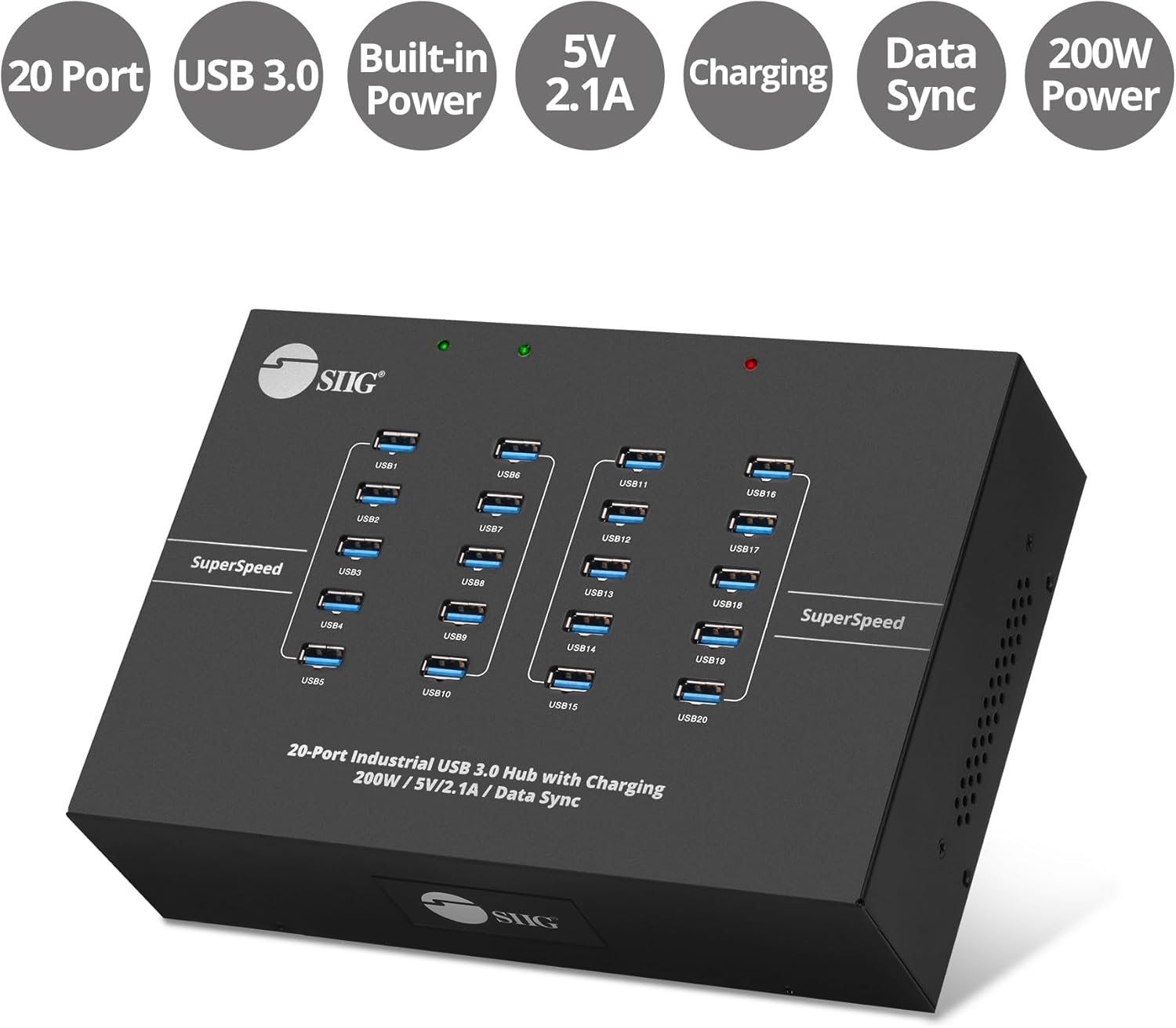 SIIG 20-Port Industrial USB 3.0 Hub with Charging - 200W, 5Gbps with 5V/2.1A per Port, Powered Multiport Hub Expander for Laptop, Tablets, Cellphone, External HDD, Keyboard and Mouse (ID-US0611-S1)