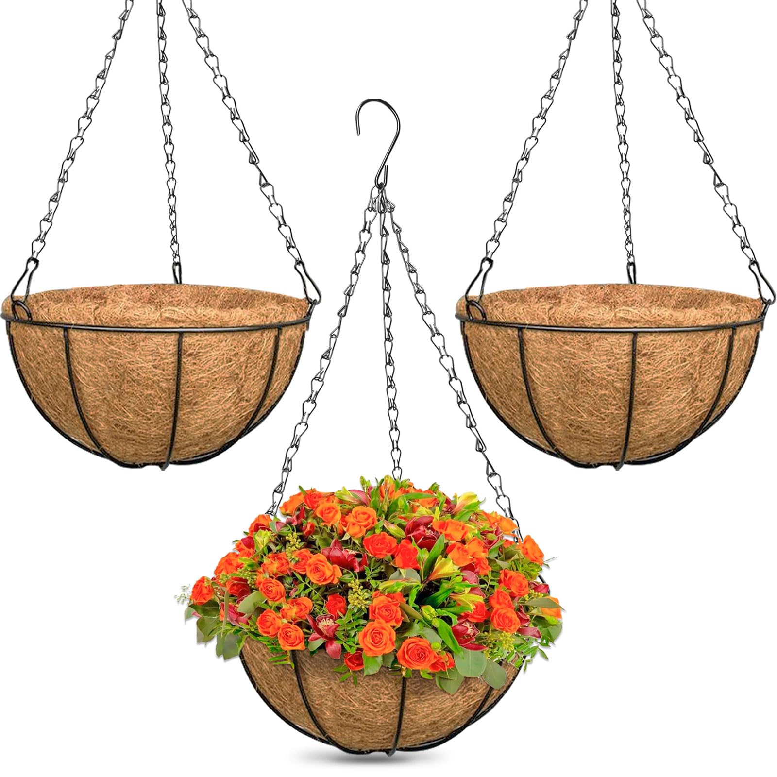 Photo 1 of **Only Two** ZeeDix 3 Pack 12 Inch Outdoor Hanging Baskets, Metal Wire Hanging Planters with Coconut Liners, Round Hanging Baskets for Plants Flowers Ferns Home Garden Porch Balcony Railings Decor