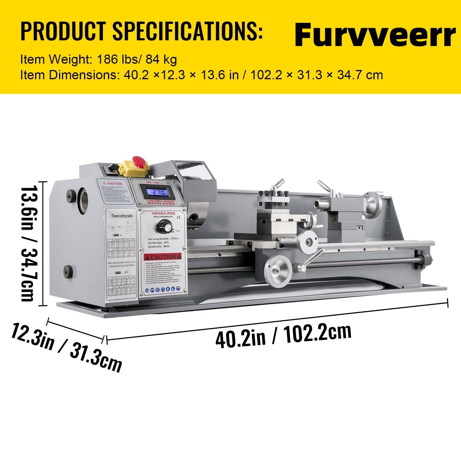Mini Torno Metal 1100W Torno Metálico 220mmx750mm Torno de Metal de Mesa Torno Metálico Mini Precisión Torno Velocidad Variable 50-3000 RPM Contrapunto MT2 para Perforación de Torneado Inverso