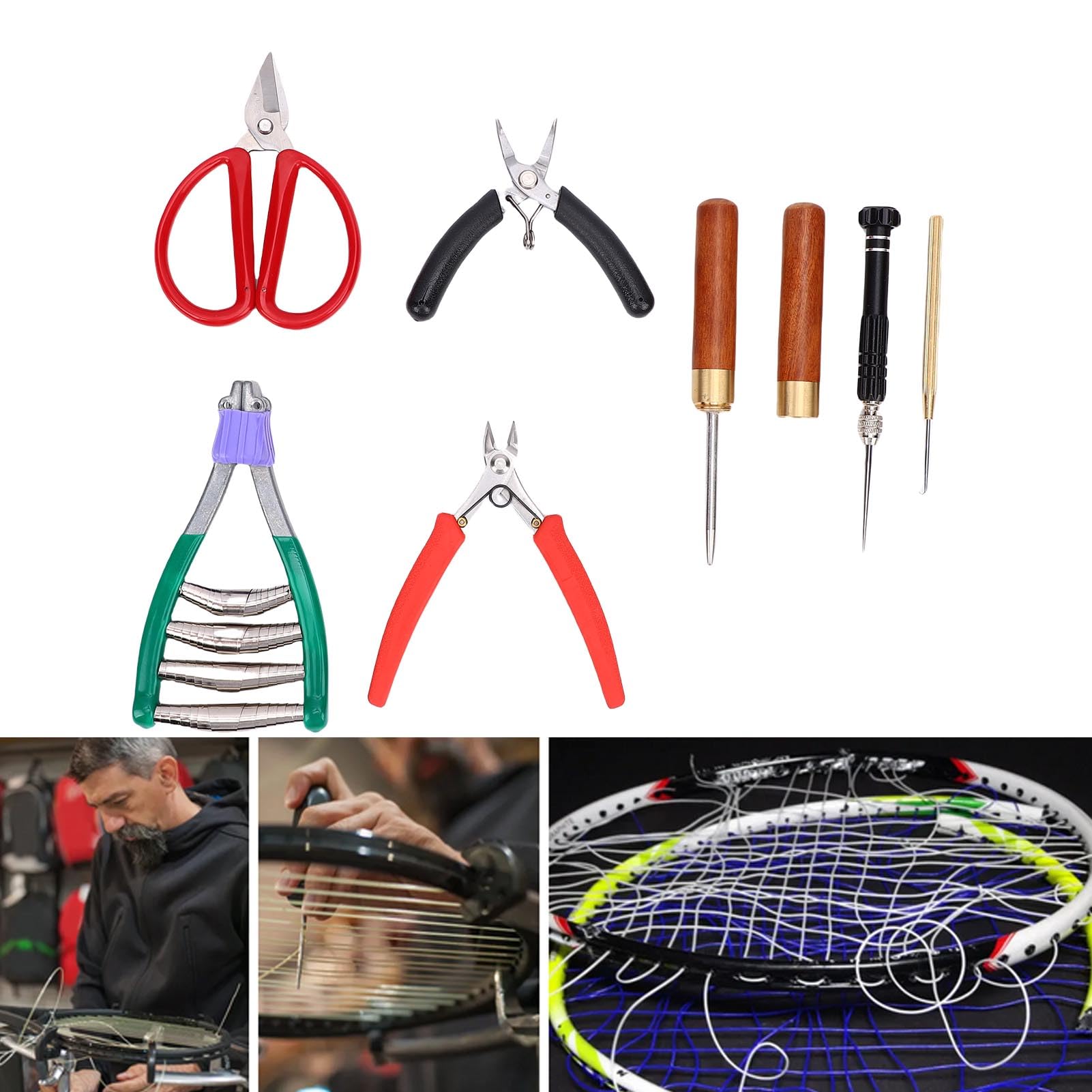 VGEBY Juego de Herramientas para Encordar Raquetas, Alicates de Punta Doblada, Alicates Diagonales, Gancho de Roscado, Abrazadera para Encordar Bádminton, Kit de Herramientas para