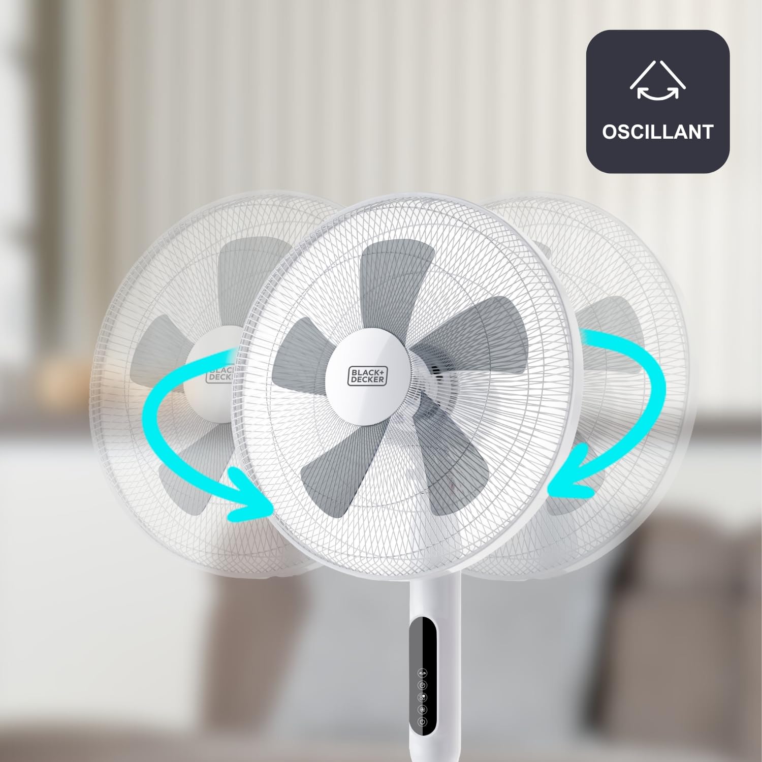 BLACK+DECKER - Standventilator 50 W | 3 Geschwindigkeiten | 3 Modi | Oszillierend | Höhe 110–115 cm | Touch-Bedienfeld | Fernbedienung | Timer 15 h | Runde Basis | Weiß
