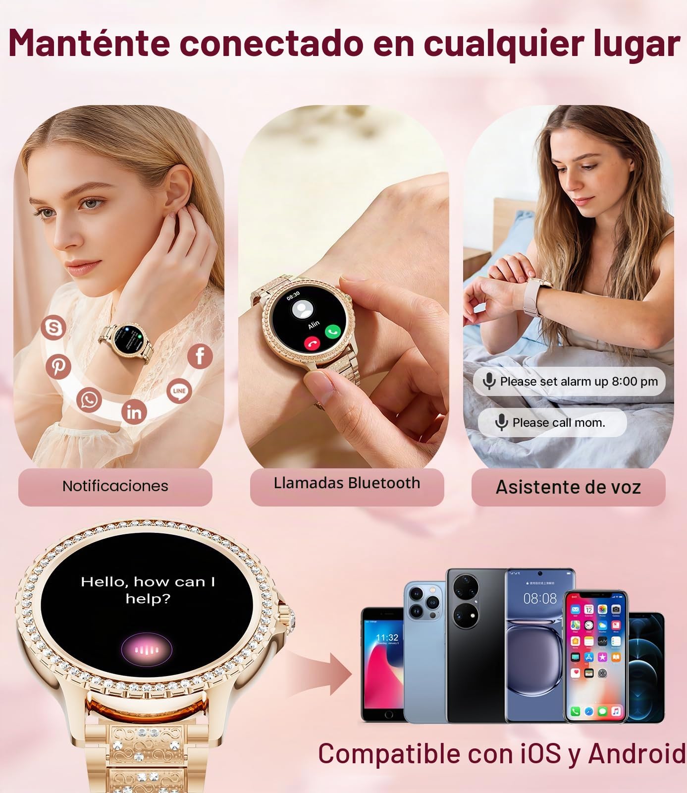 LIGE Reloj Inteligente para Mujer Bluetooth Llamada telefónica para Android iOS 100+ Deporte Smartwatch 1,32 Pulgadas HD Elegante Oro Rosa Acero Reloj Inteligente Redonda
