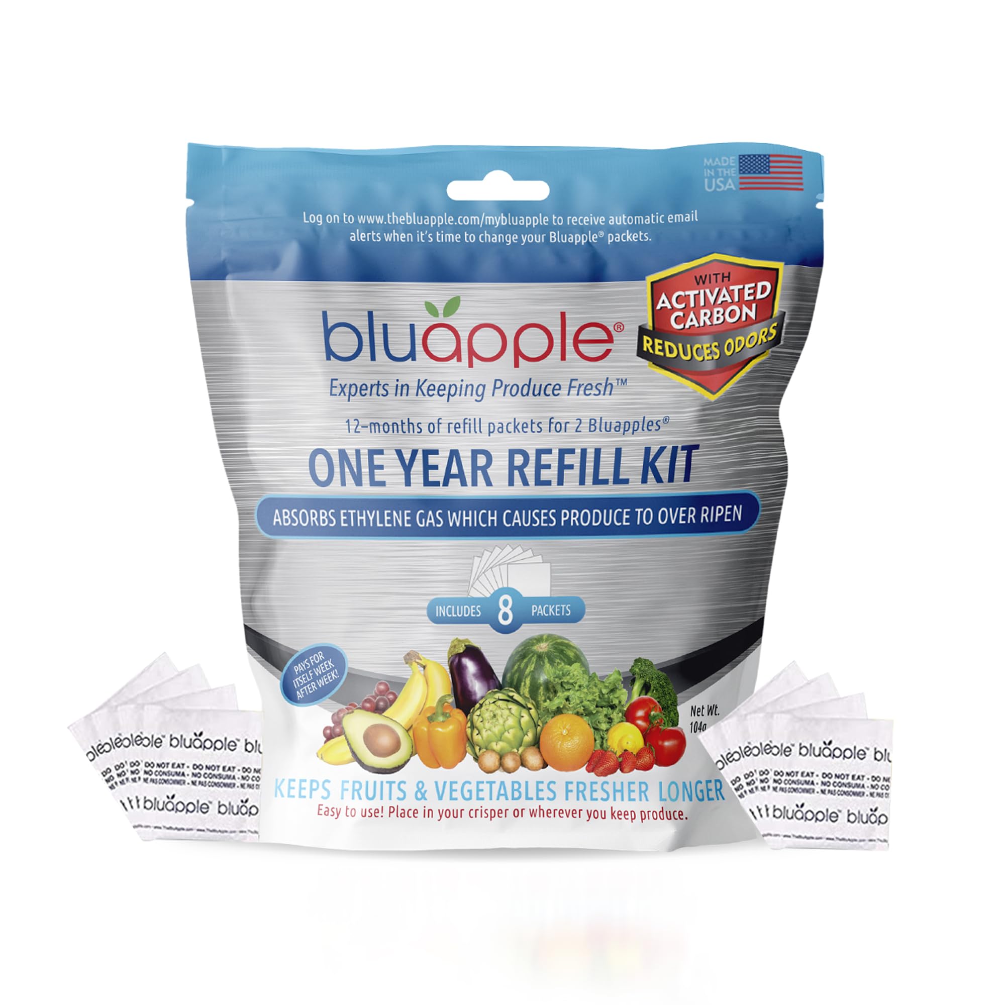 Bluapple Produce Saver Ethylene Gas Absorber 1 Year Refill Kit with Activated Carbon - 8 Packets (9 Grams Classic + 4 Grams of Carbon Each) - Keeps Fruits & Vegetables Fresher Longer, Produce Storage