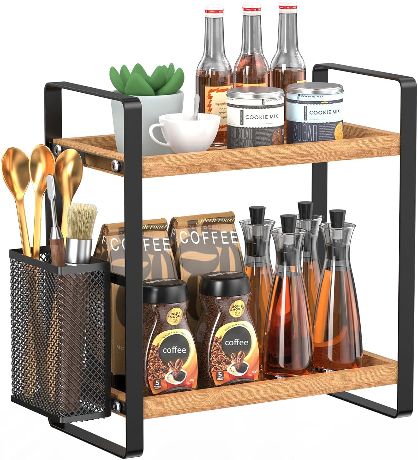 LEMIKKLE 2-Tier Coffee Bar Organizer With Basket,Wooden Shelf for Coffee Bar Accessories,Spice Rack Organizer for Countertop-Brown