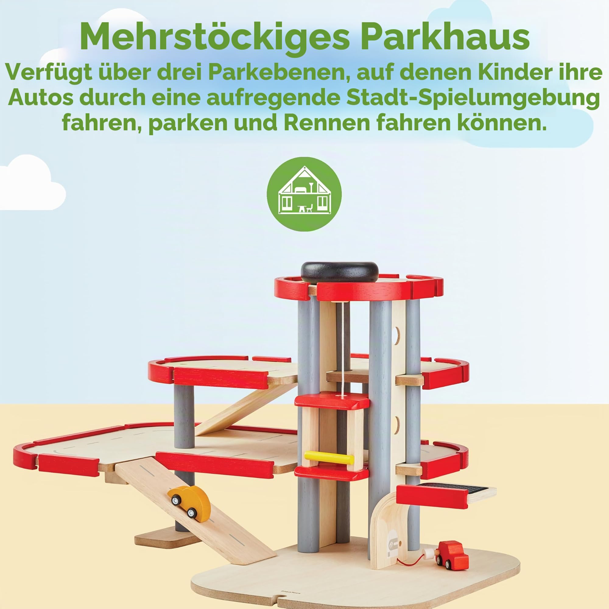 PlanToys Parkhaus für Kinder 3 jahre - Autobahn Kinder inkl. 2 Autos - Autorennbahn aus Holz - Parkgarage Holz - nachhaltiges Holzspielzeug