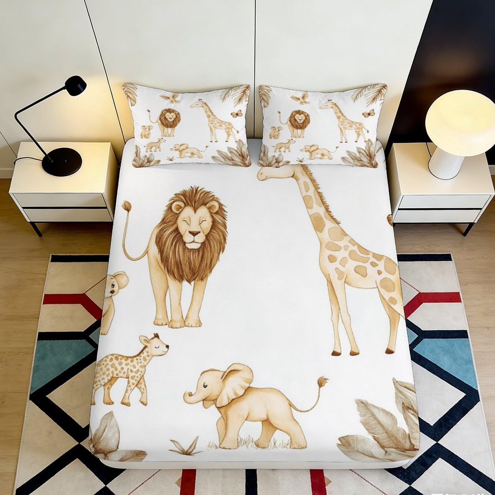 3D Printed Safari Animals Fitted Sheet Microfiber Soft Breathable Jungle Pattern Bed Cover for Bedroom Dormitory Guest Room Mattress Protection 200x200x25cm