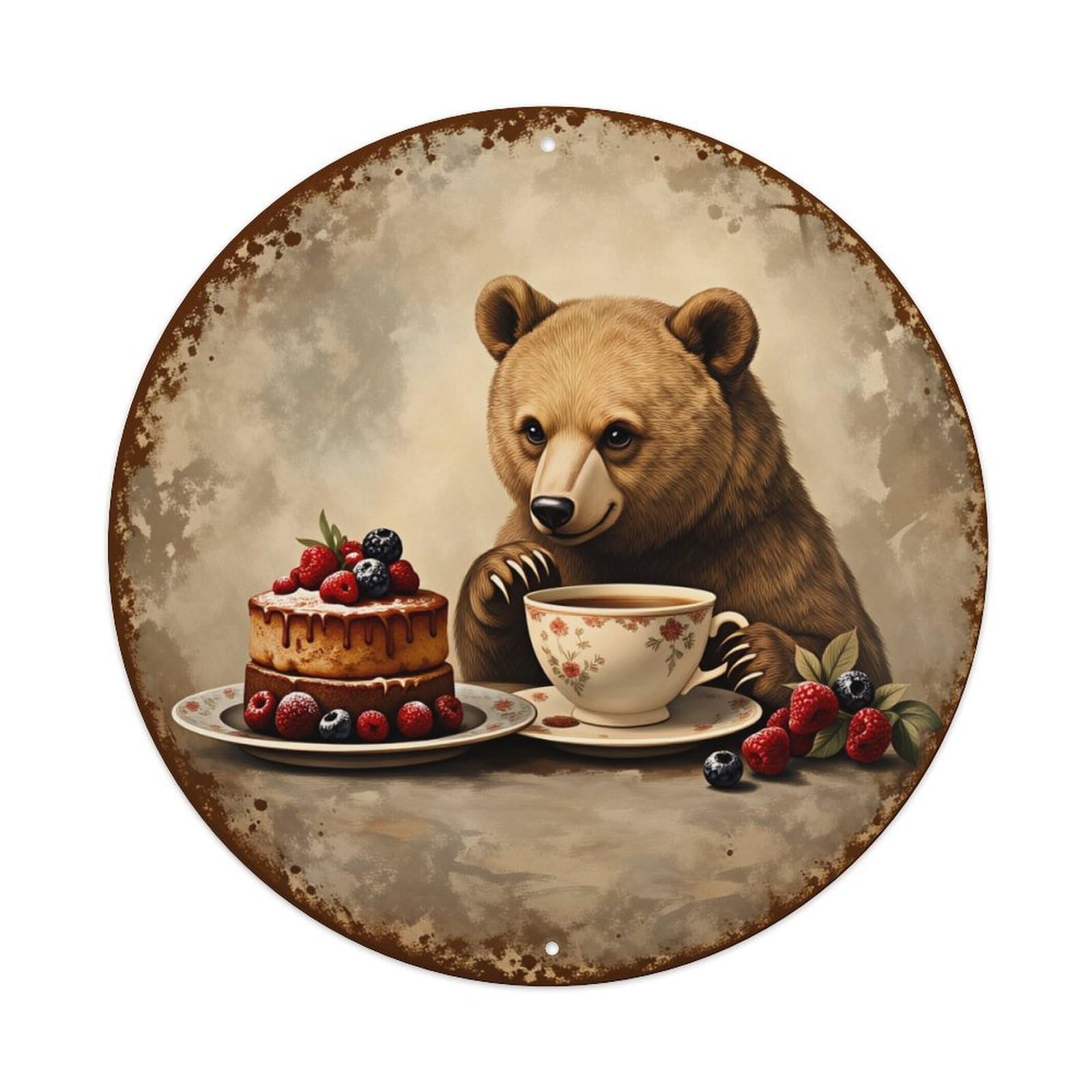 Bear Cake Tea Berries Plate Metal Tin Sign Vintage Garden Bedroom Cafe Bar Man Cave Home Wall Decor Metal Poster 8x8 inches