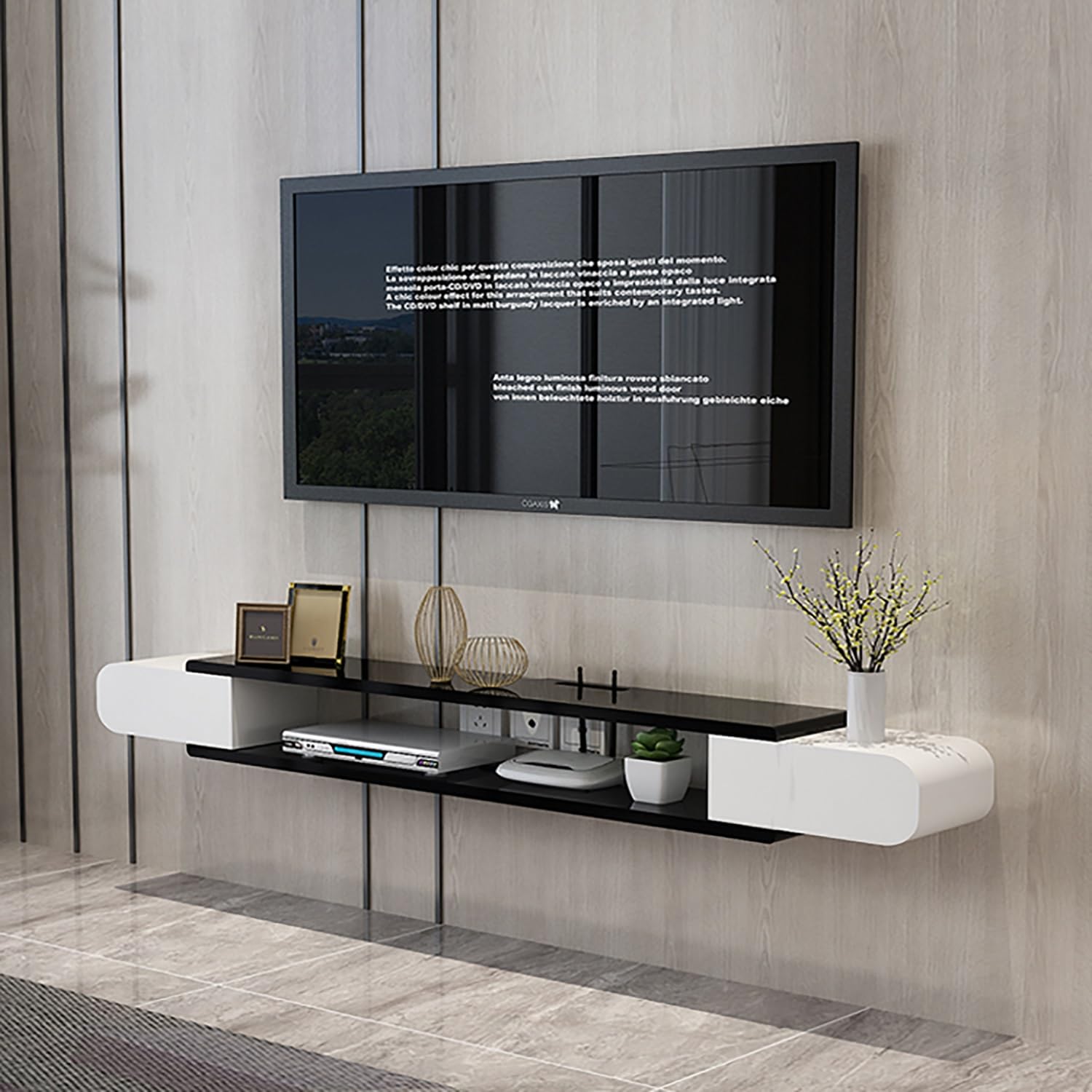 Nowoczesny stolik konsolowy pod telewizor, wisząca konsola multimedialna, półka rozrywkowa pod telewizorem z otworem na kable, wisząca podstawka pod telewizor z otwartym schowkiem, do salonu, sypial