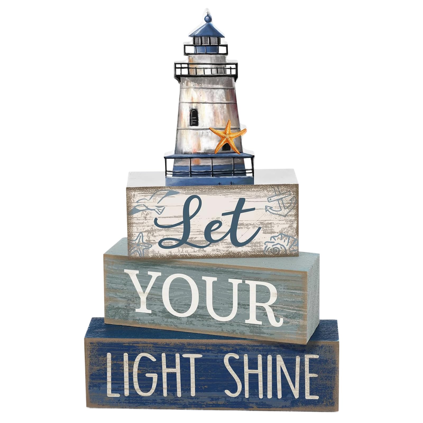 Pralen 4-Piece Retro Blue Nautical Bathroom Ornaments, Wooden Ornaments for Shelves with Lighthouse and Coastal Design, Nautical Decor for Shelves and Desktop, Creative Beach Accessories for Family