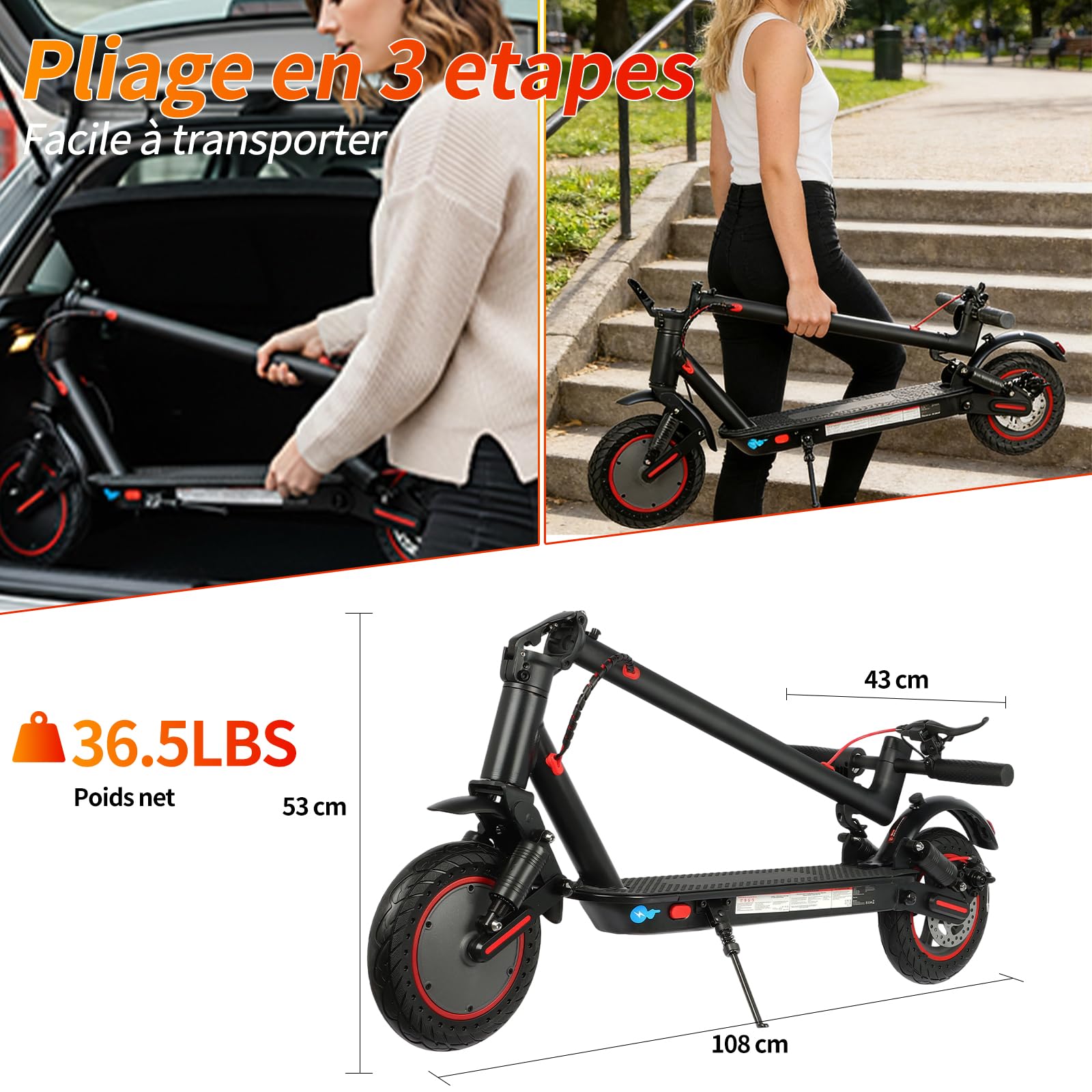 Trottinette Électrique Adulte, Autonomie 30 km,10'' Trottinette Electrique Pliable 350W Escooter, Batterie 7,5AH,Double Suspension & Double Frein APP, Ultra Legere trottinette electrique Charge 120 KG