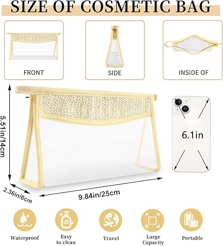 Miniatura 2 de Pequeñas bolsas de maquillaje transparentes de paja bohemia para mujeres y niñas, bolsa de cosméticos con cremallera de chenilla, bolsa de parche de