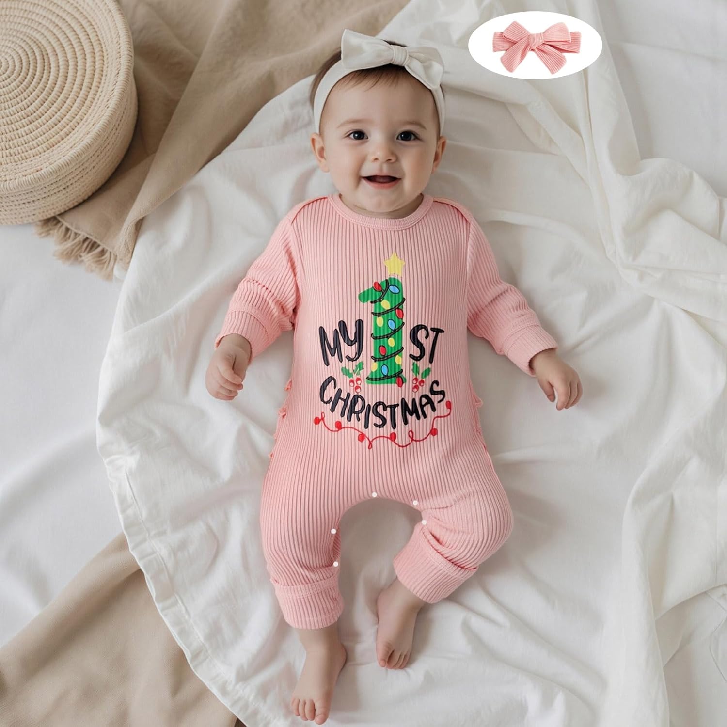 My 1st Christmas Baby Girl Outfit Letter Print Ribbed Long Sleeve Romper Jumpsuit Newborn Fall Winter Clothes Headband - Image 3