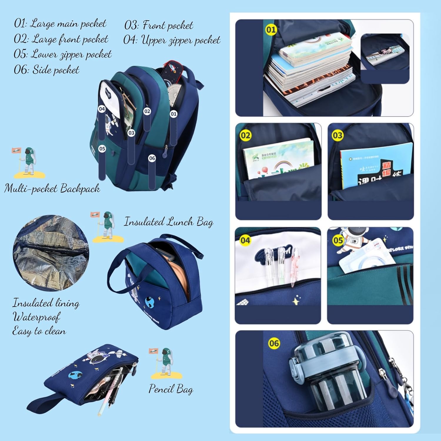 MITOWERMI 3pcs Boys Backpack with Lunch Box School Bags for Boys Lightweight Astronaut Kids Backpack Bookbags Sets for Elementary School Students, Green - Image 3