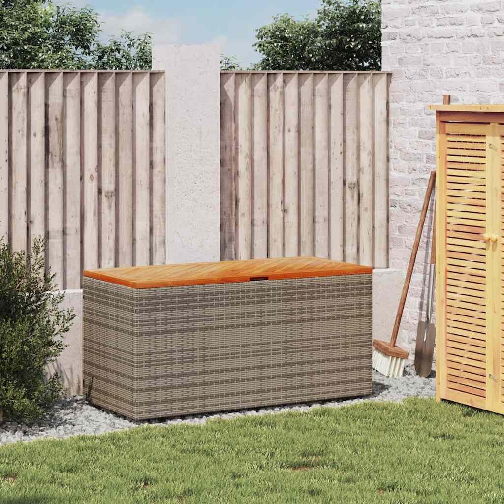 Baule da giardino grigio, 110 x 50 x 54 cm, in polyrattan e legno di acacia, con sacchetto impermeabile e molla a gas, per cuscini, coperte e giocattoli, come panca per terrazza