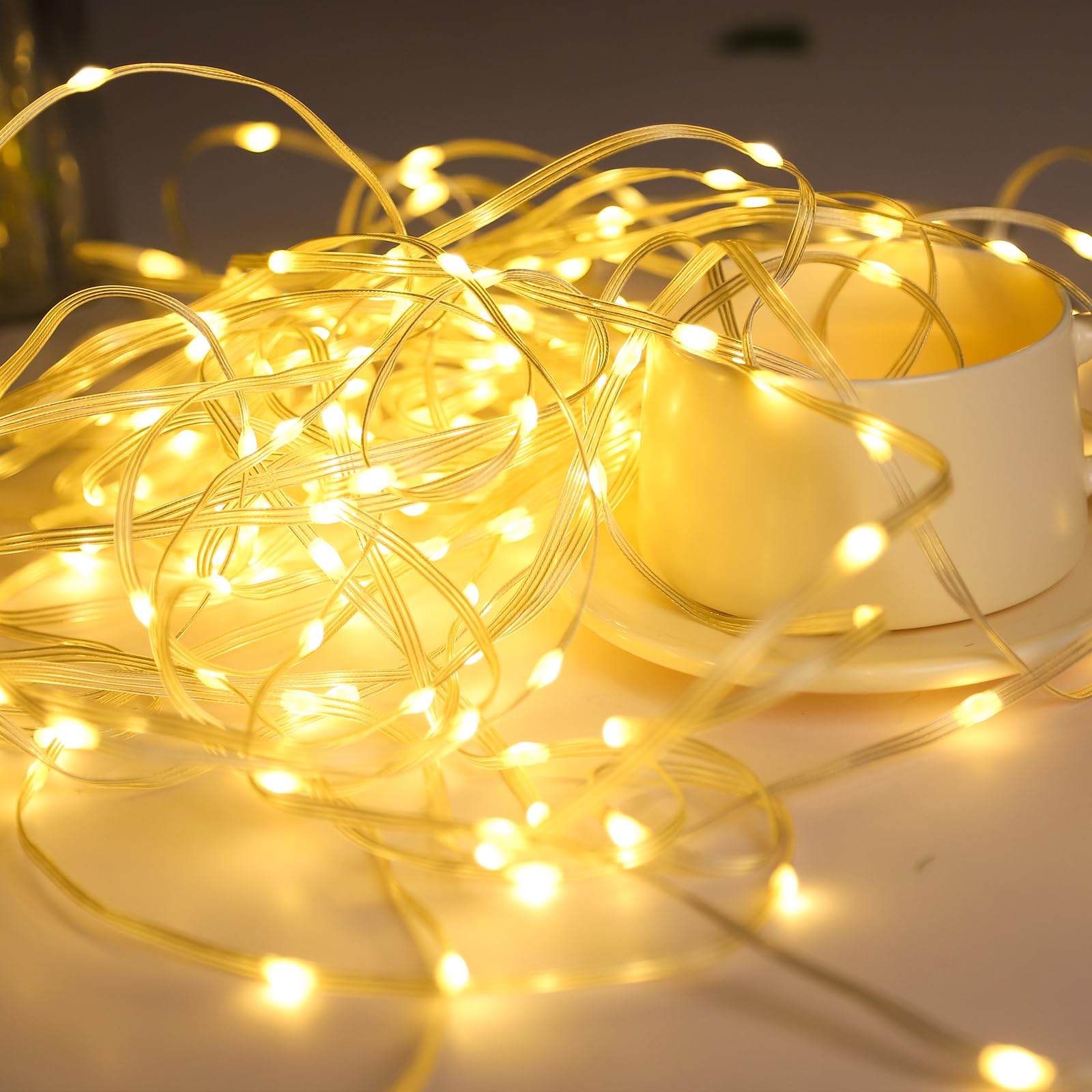 LED Outdoor Solar String Lights Waterproof with 8 Lighting Modes for Garden Party Wedding Decorations (Warm Yellow Light)