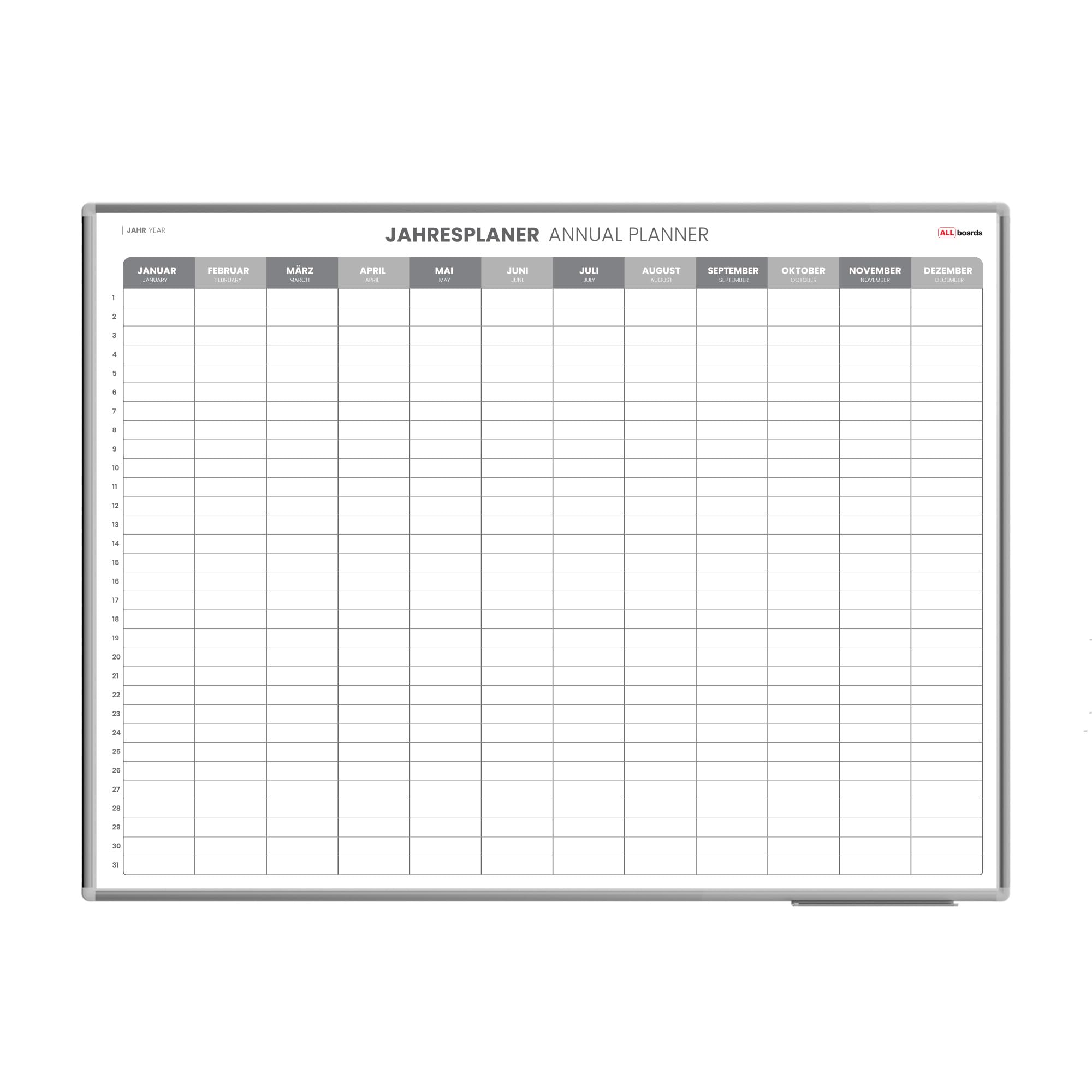 ALLboards Magnetischer Jahresplaner 120x90cm für Jahresplanungen, einfach zu beschreiben Jahresplaner Wandkalender Memoboard Magnettafel auf Deutsch