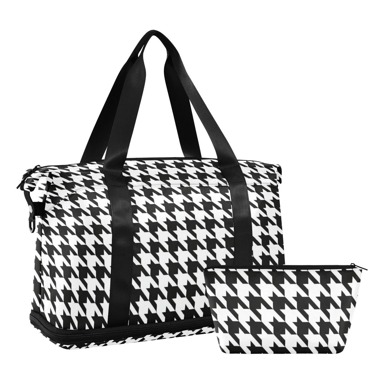 Sac de voyage étanche motif pied-de-poule noir et blanc avec poche humide et sangle réglable pour homme et femme