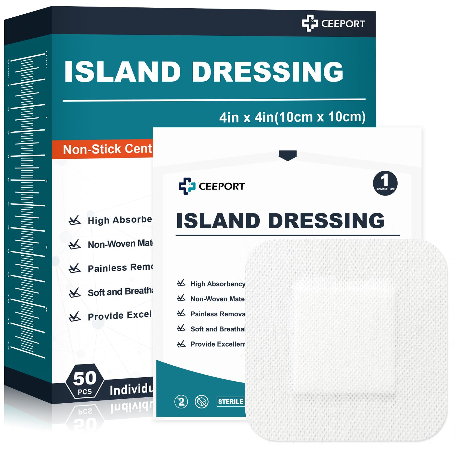Ceeport Island Dressing Bordered Gauze 4"x4", 50 Individually Packed Non-Stick Central Pad with Adhesive Border, Soft & Highly Absorbent Medical Grade Dressing Gauze Pad for Wound Care and First Aid