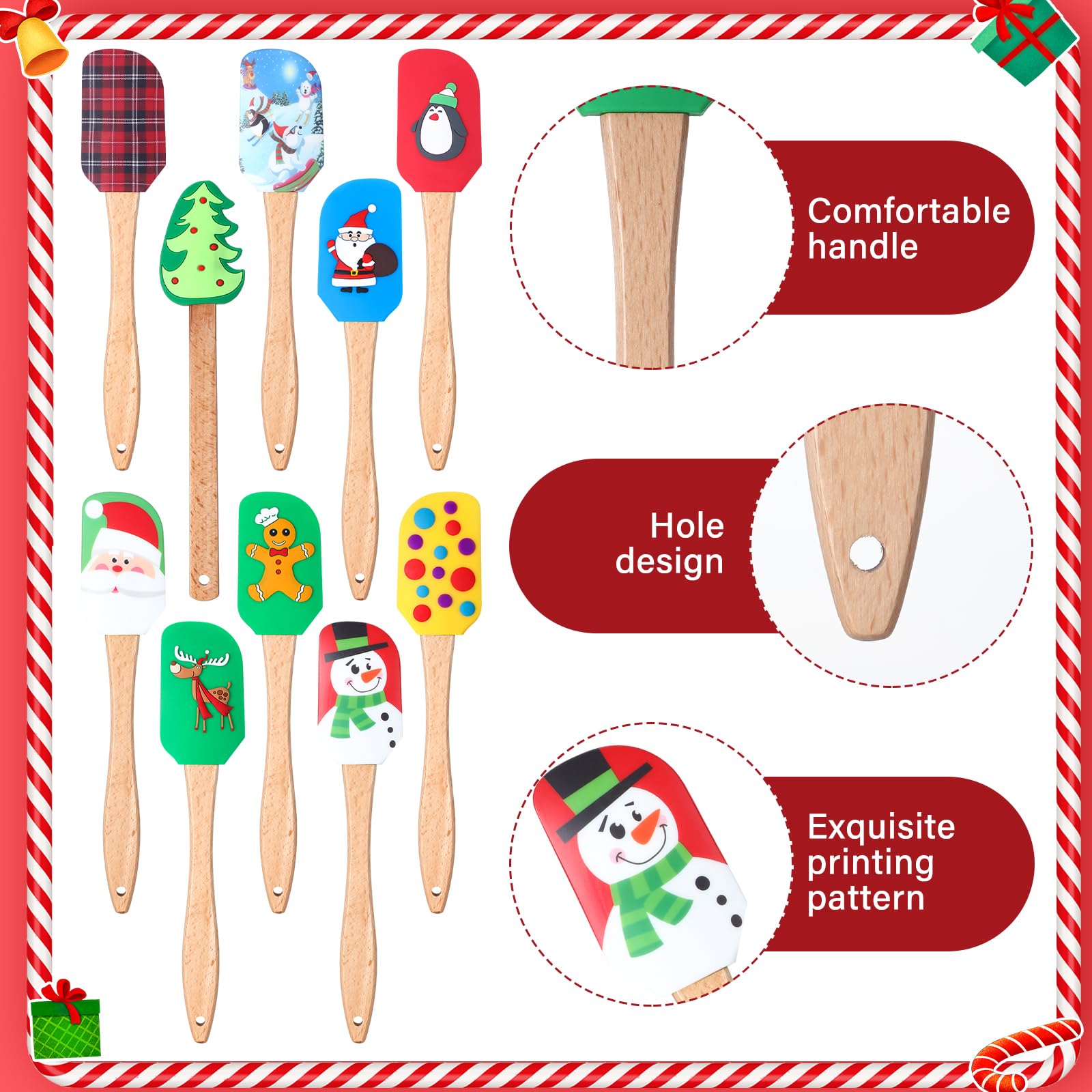 Patelai 10 espátulas de silicona de Navidad con mango de madera, muñecos de nieve, espátulas para panqueques, bonitos raspadores de sartenes, espátulas de cocina para cocina, mezclar y hornear (estilo