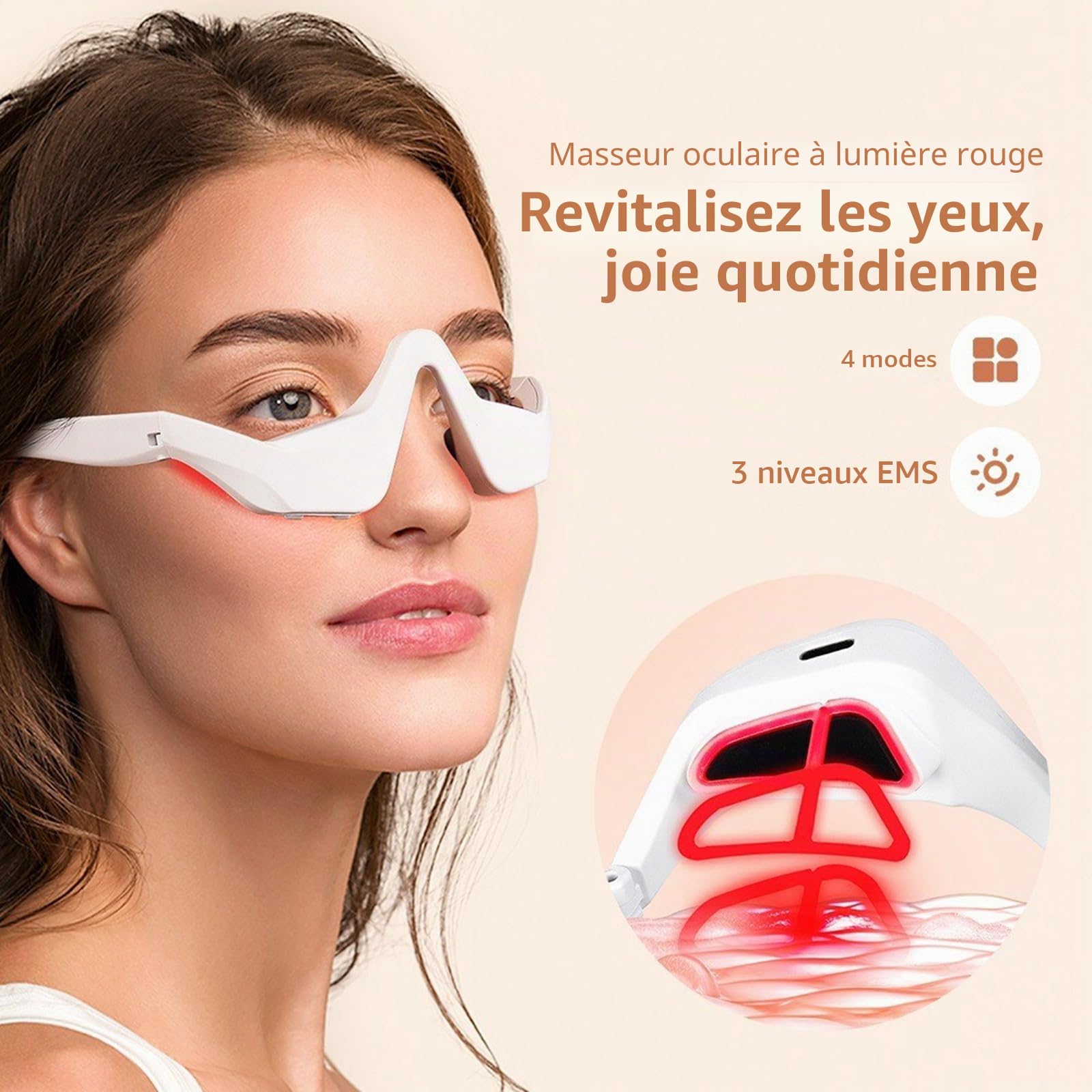 Lunettes de thérapie par lumière rouge - Masque pour les yeux - Thérapie infrarouge LED - Masseur pour les yeux - Pour réduire les cernes, les gonflements, les rides, enlever le sac