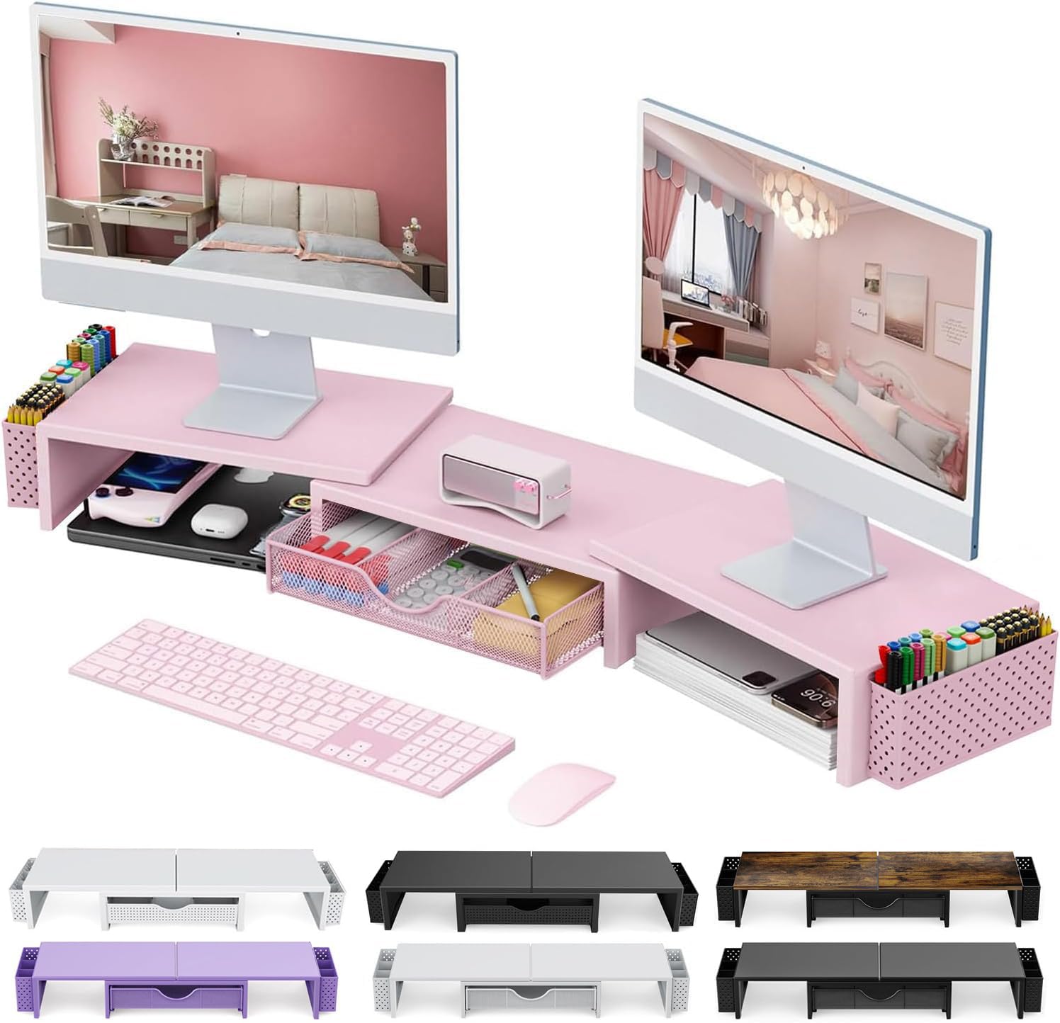 Support élévateur pour double moniteur, accessoires de bureau en métal avec tiroir et 2 porte-stylos, longueur et angle réglables - Support de moniteur d'ordinateur pour écran, ordinateur