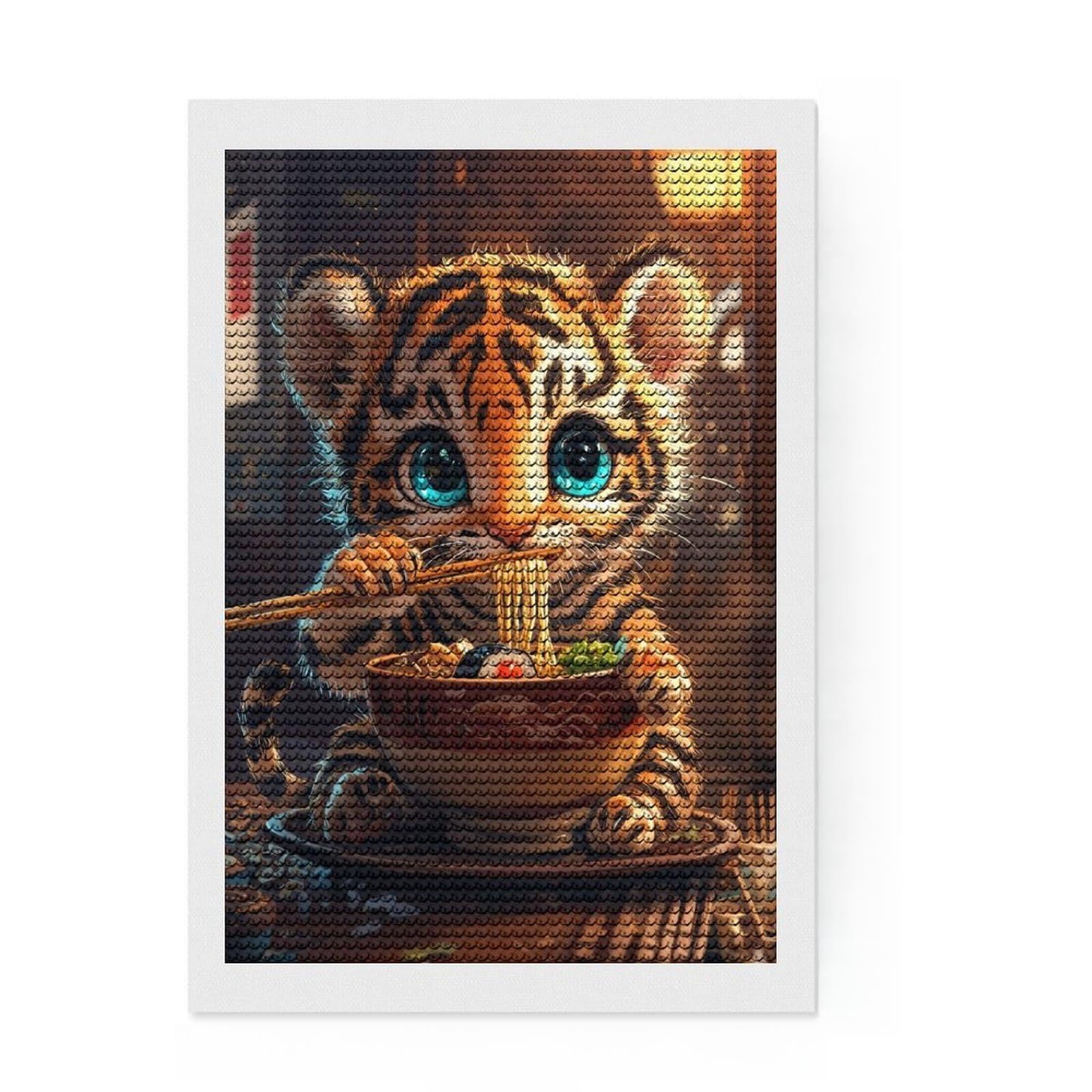 Junmoney Cute Tiger Eating Ramen Diamond Painting Kit 8"x12", Living Room Decor, for Beginners, Easy Handmade Project, Gift Idea, Adhesive Canvas