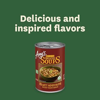 Amy's Soup, Vegan Hearty Minestrone, Made With Organic Vegetables, Lentils, Barley and Pasta in Tomato Broth, Canned Soup, 14.1 Oz (12 Pack)