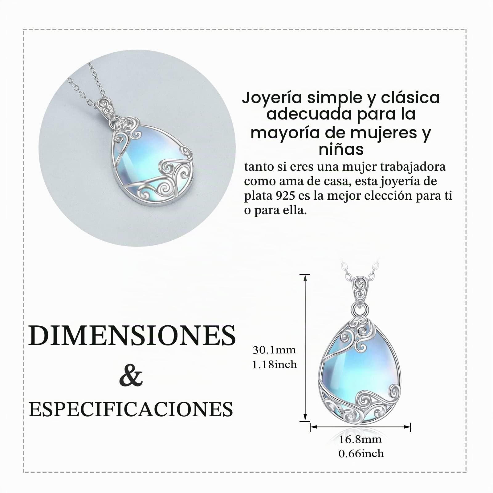 YAFEINI Collar con Colgante de Filigrana de Cadena de Piedra Lunar de Plata de Ley 925 para Mujeres y Niñas