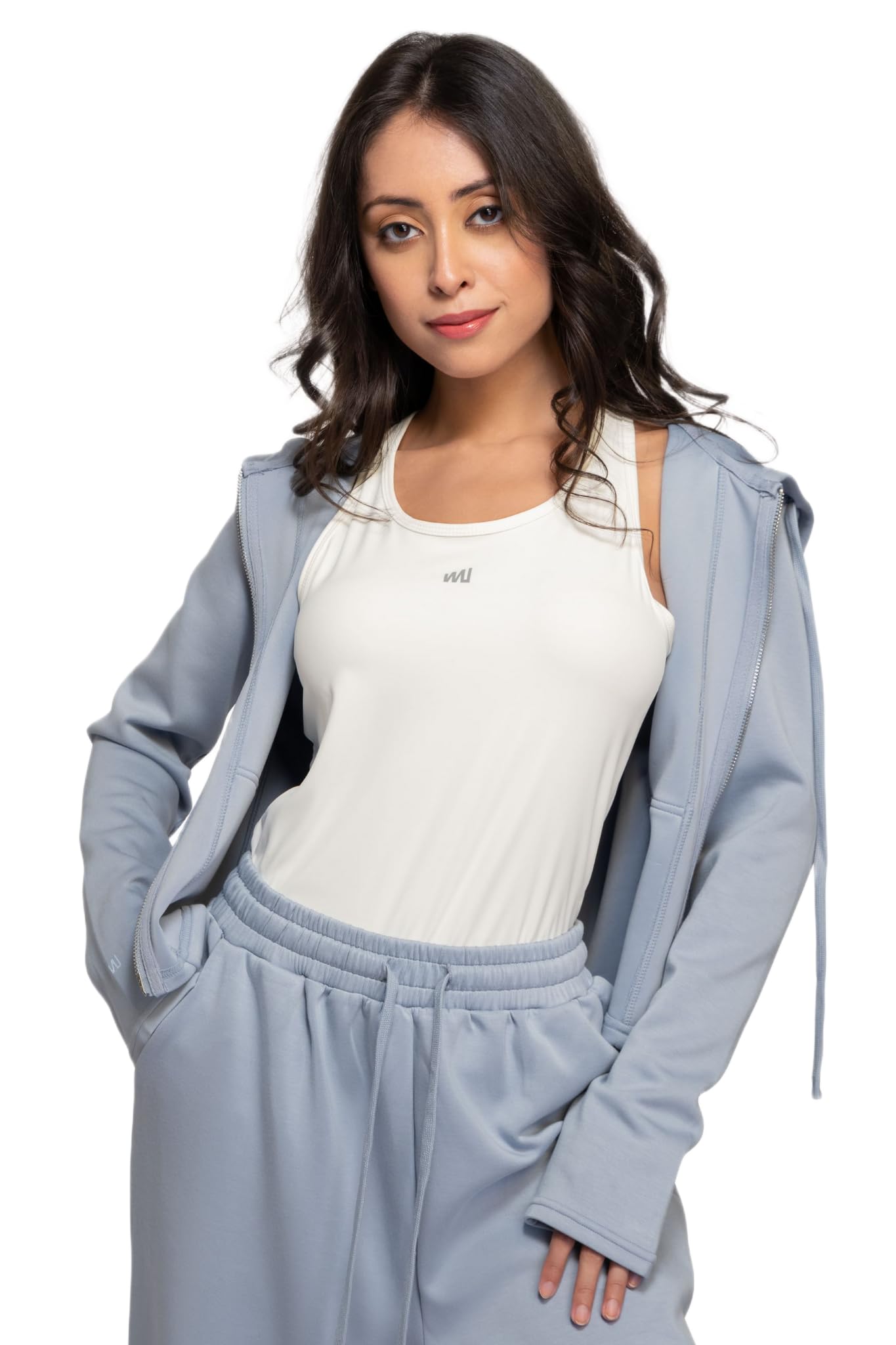 EVOLUCION Women’s 2 Piece Co-ord Set for Women – Cropped Zip Jacket & High-Waist Pants, Feather-Soft Premium Athleisure with Relaxed Fit for Travel & Everyday Wear (IN, Alpha, XL, Light Blue) 1
