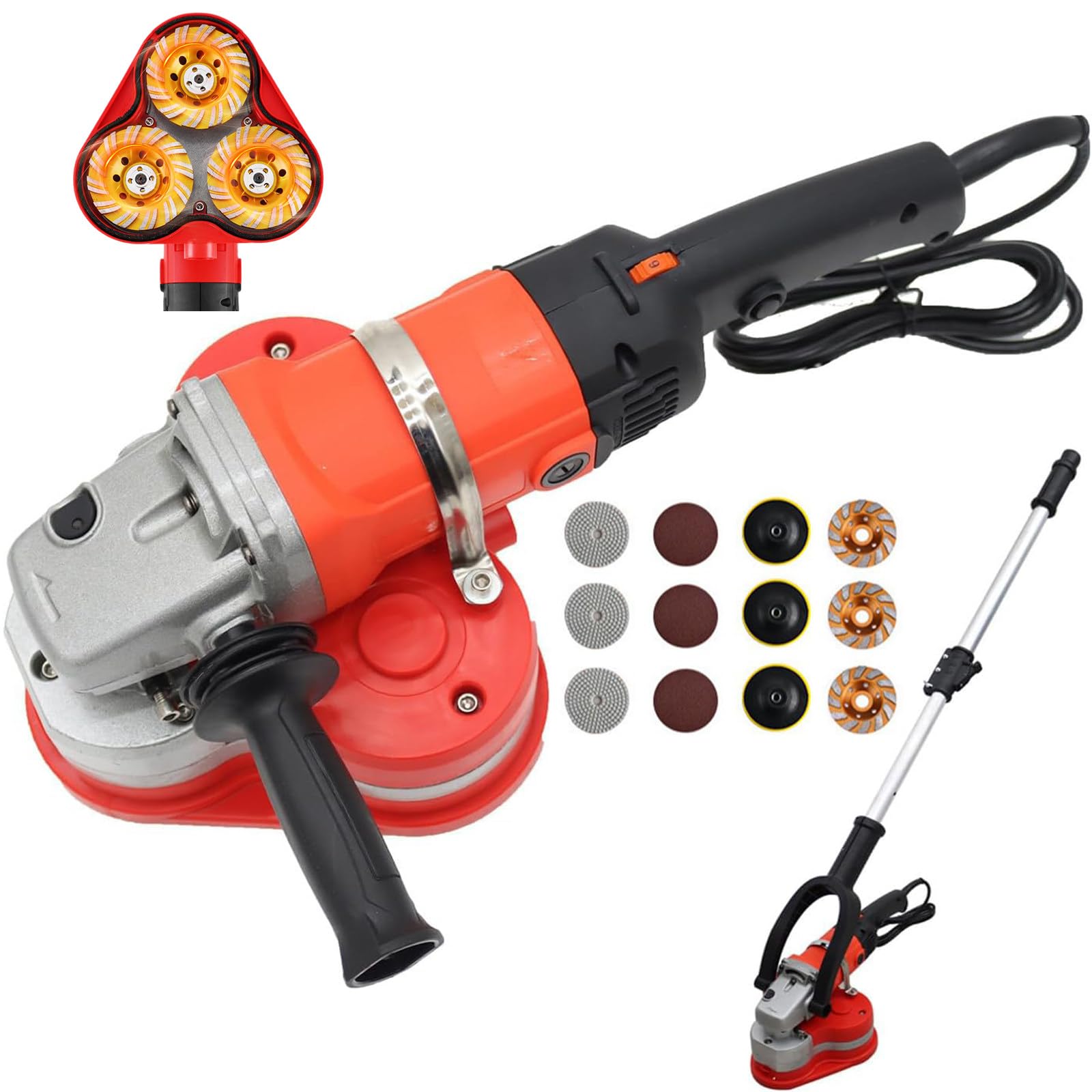 Pulidora de hormigón de 2800 RPM,Lijadora Hormigón,Pulidora Suelos 3000 W, Lijadora Pared con Ajuste 6 Velocidades,Pulidora Pared con 3 Discos Pulido Diferentes,para Lijar, Pulir