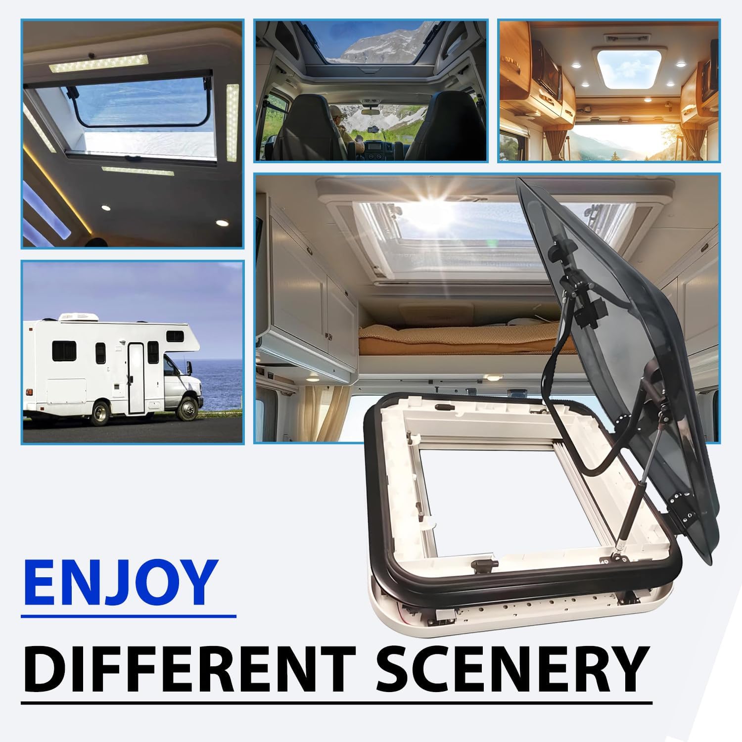 500/700/800 X500 Mm Rv Skylight, 70 Degree Aluminum Alloy Gas Lift Spring Hollow Acrylic Cover Roof Hatch Enclosed Trailer Led Lights Roof Vent Escape Hatch 28*19.69in