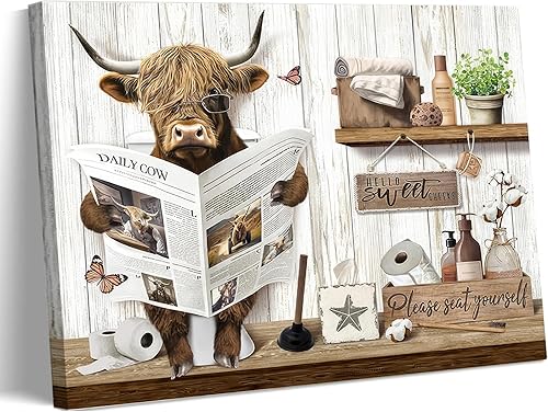 Divertido arte de pared de baño de vaca de las tierras altas, rústico, color marrón, lindo animal, pintura, imagen, decoración de pared, ganado de