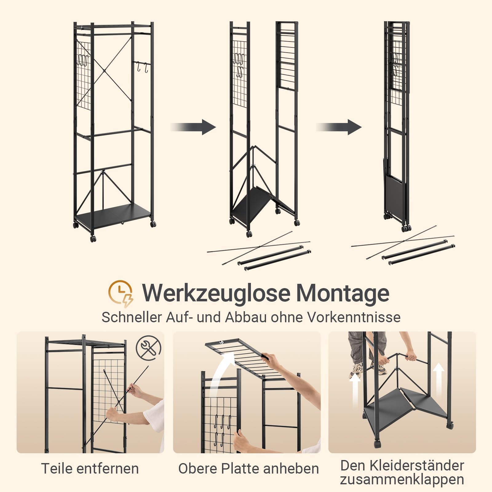 SoBuy Klappbarer Kleiderständer Schmal auf Rollen, 60,5x32,5x175cm | mit Schuhablage, Haken & Gepäckständer für Schlafzimmer Flur Wäscheraum, werkzeugfreie Montage, Schwarz, KLS21-SCH