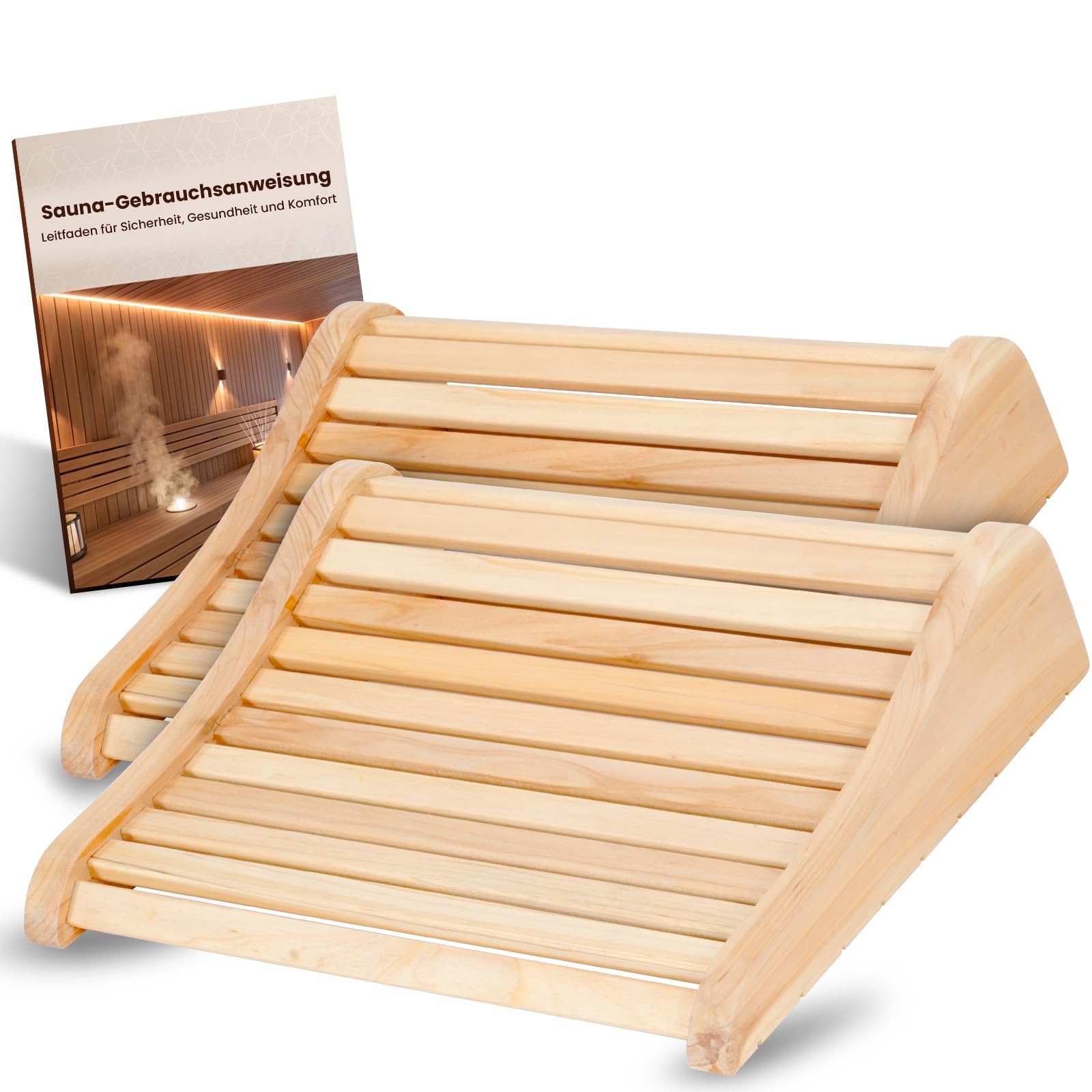 2 Stück Sauna Kopfstütze Holz [100% Naturholz] - Sauna Zubehör - Ergonomische Nackenstütze mit Luftzirkulation & Rutschfester Basis - Für alle Saunatypen inkl. Infrarotkabine & Dampfbad